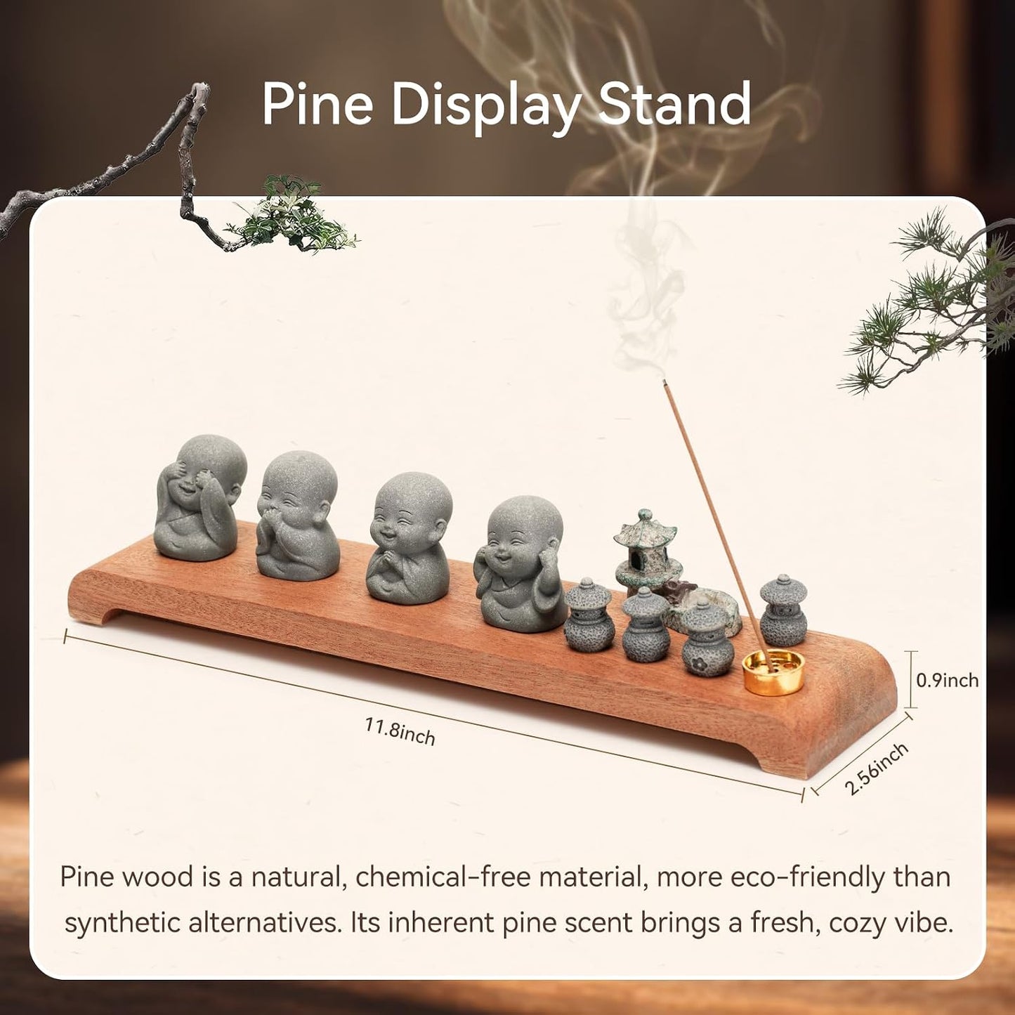Laughing Buddha Statue Zen Set 4 Pcs with Wood Base, Lotus Incense Burner, Copper Incense Holder, Incense Sticks & Cleaning Brush All in One Feng Shui Decor for Home, Meditation, Desk & Spiritual Gift