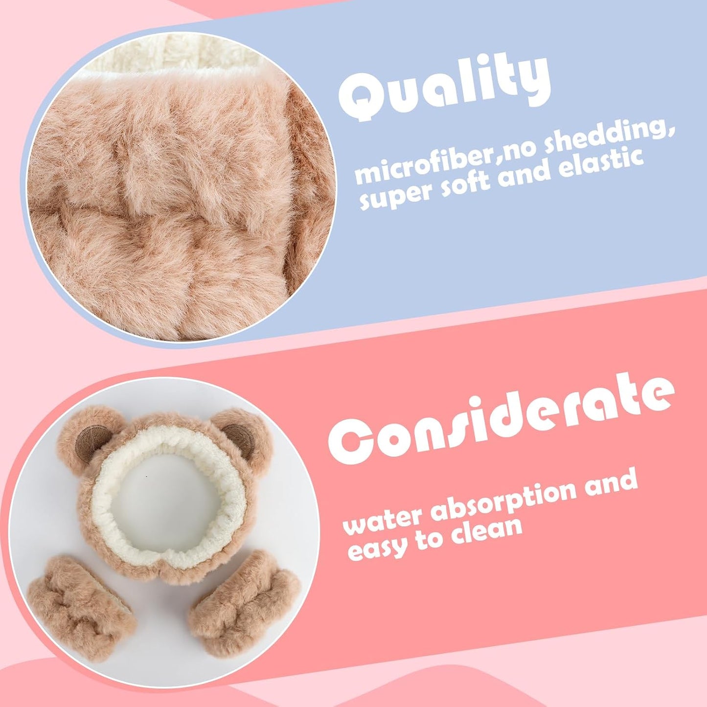 Canitor Face Wash Headband with Wrist Towels - Soft Coral Fleece Spa Makeup Headband, Cute Animal Elastic Skincare Design with Bear Ears