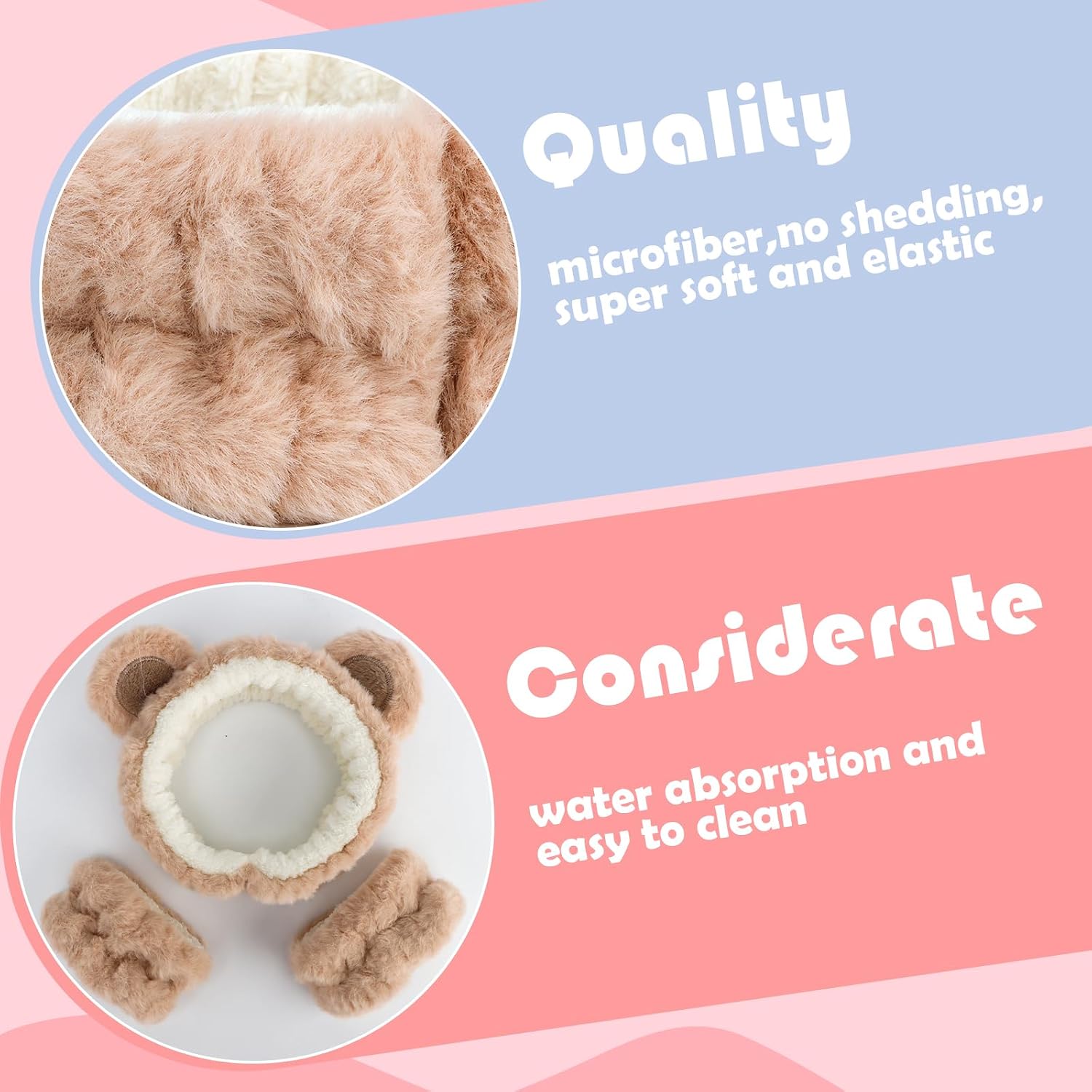 Canitor Face Wash Headband with Wrist Towels - Soft Coral Fleece Spa Makeup Headband, Cute Animal Elastic Skincare Design with Bear Ears