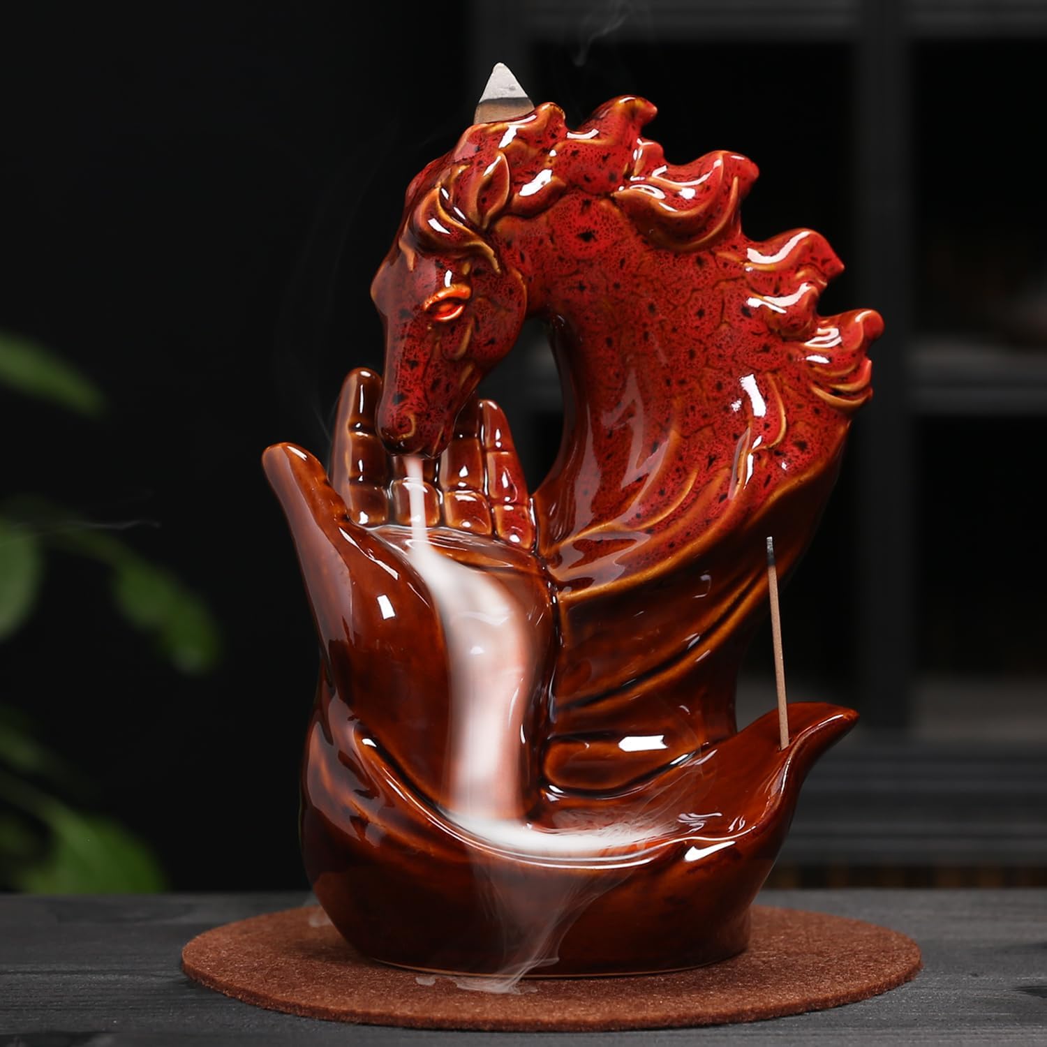 Horse Hand Incense Burner Holder - Ceramic Incense Waterfall Burner Horse, Backflow Horse Smoke Fountain Incense Holder with Cone & Stick Tweezer & Mat for Aromatherapy/Yoga/Home/Room Decor