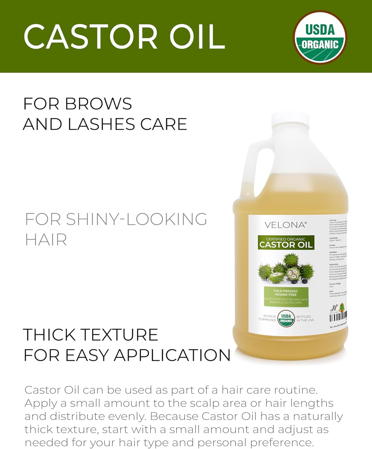 velona USDA Certified Organic Castor Oil - 64 fl oz | For Hair, Boost Eyelashes, Eyebrows | Cold pressed, Natural Oil, USP Grade | Hexane Free