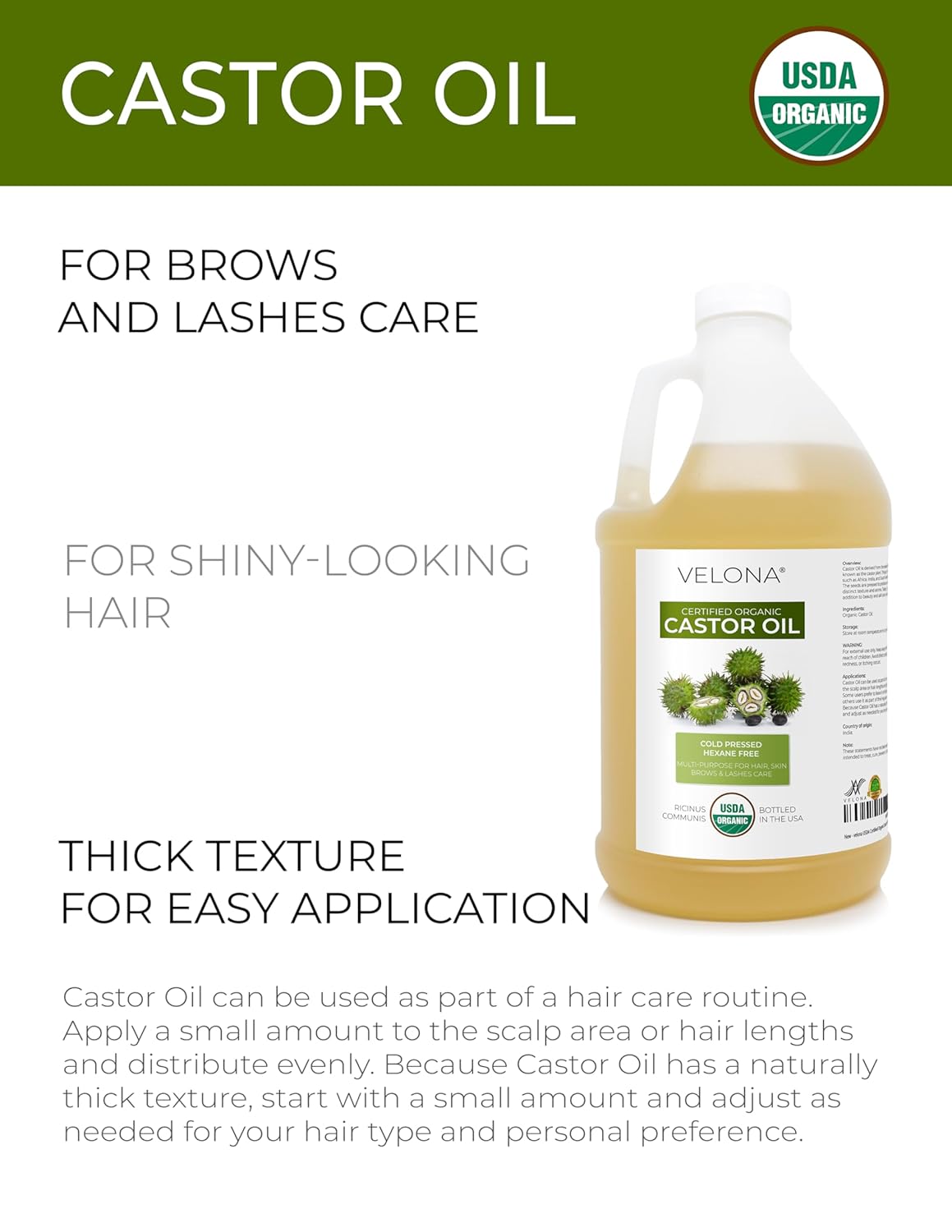 velona USDA Certified Organic Castor Oil - 1 Gallon / 128 Fl Oz | For Hair, Boost Eyelashes, Eyebrows | Cold pressed, Natural Oil, USP Grade | Hexane Free