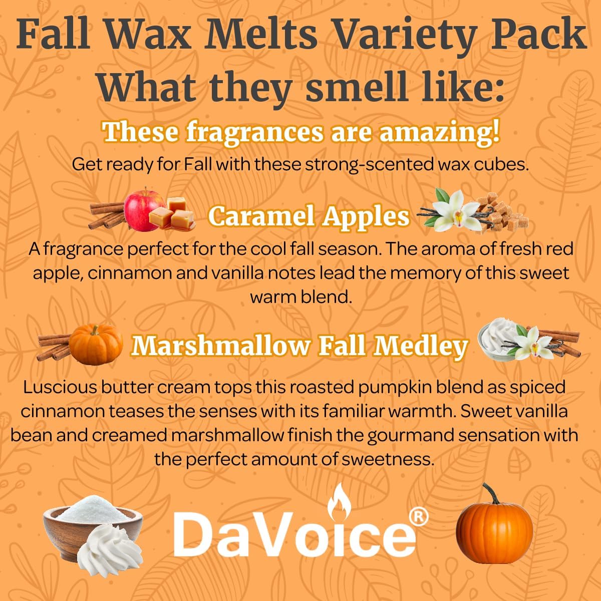 DaVoice Fall Wax Melts Wax Cubes, Premium Soy Wax Blend, Apple Cinnamon Pumpkin Vanilla Wax Melts Fall Scents Long Lasting, Fall Scented Wax Melts (5 Pack Fall Wax Melts Variety Pack, 30 Cubes, 11 oz)