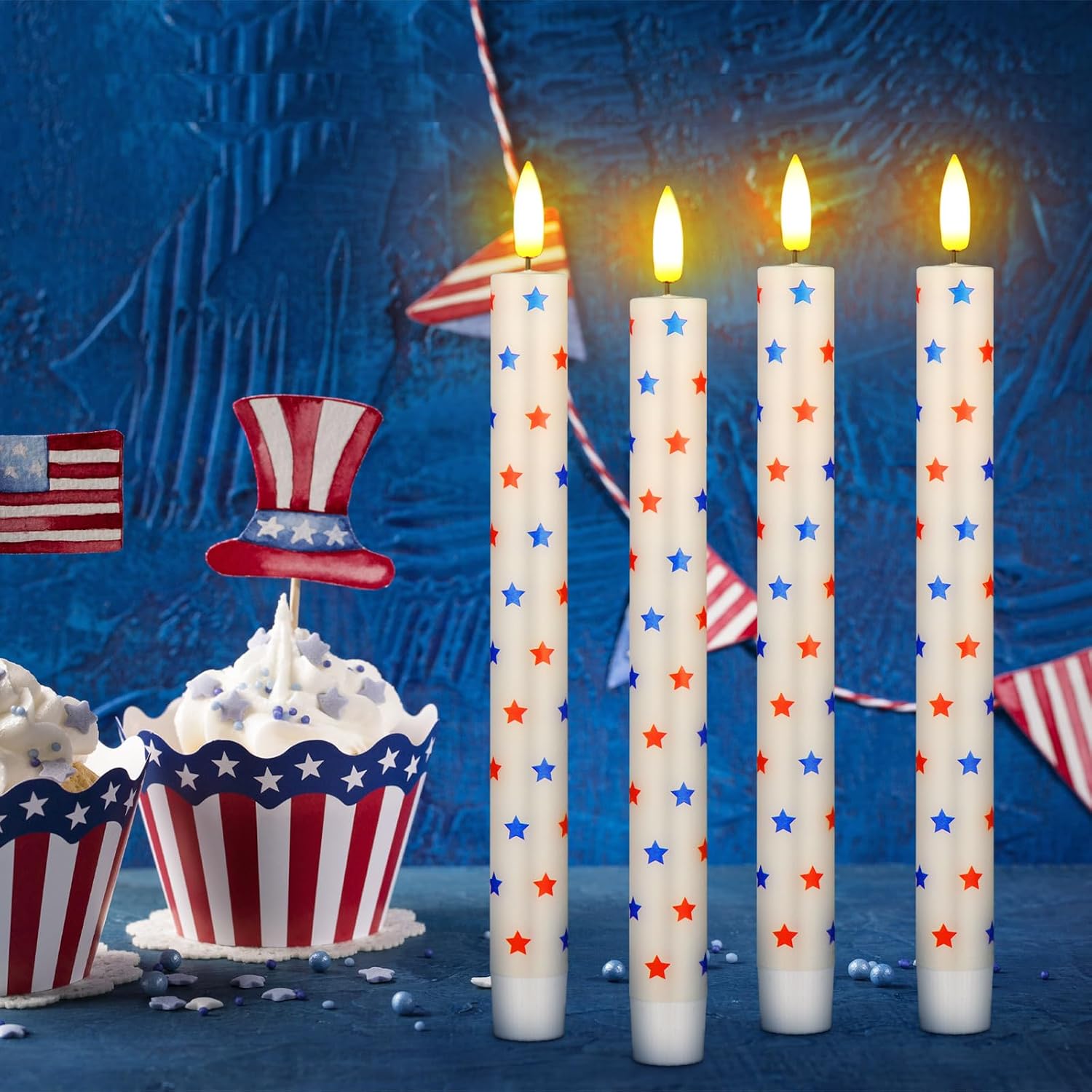 Rossesay 6 Pcs 4th of July Candles 250th Anniversary Flameless Taper Candles Patriotic White Red Blue Star Wax American Independence Day Battery Operated LED for Home Decoration(Star)