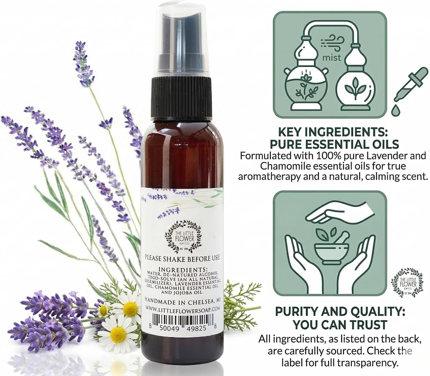 THE LITTLE FLOWER SOAP CO. EST. 2010 Linen and Pillow Spray - Lavender and Chamomile - 2 oz. Essential Oil Blend Natural Gifts for Women Travel Must Have Accessories and Stocking Stuffer Idea for Her