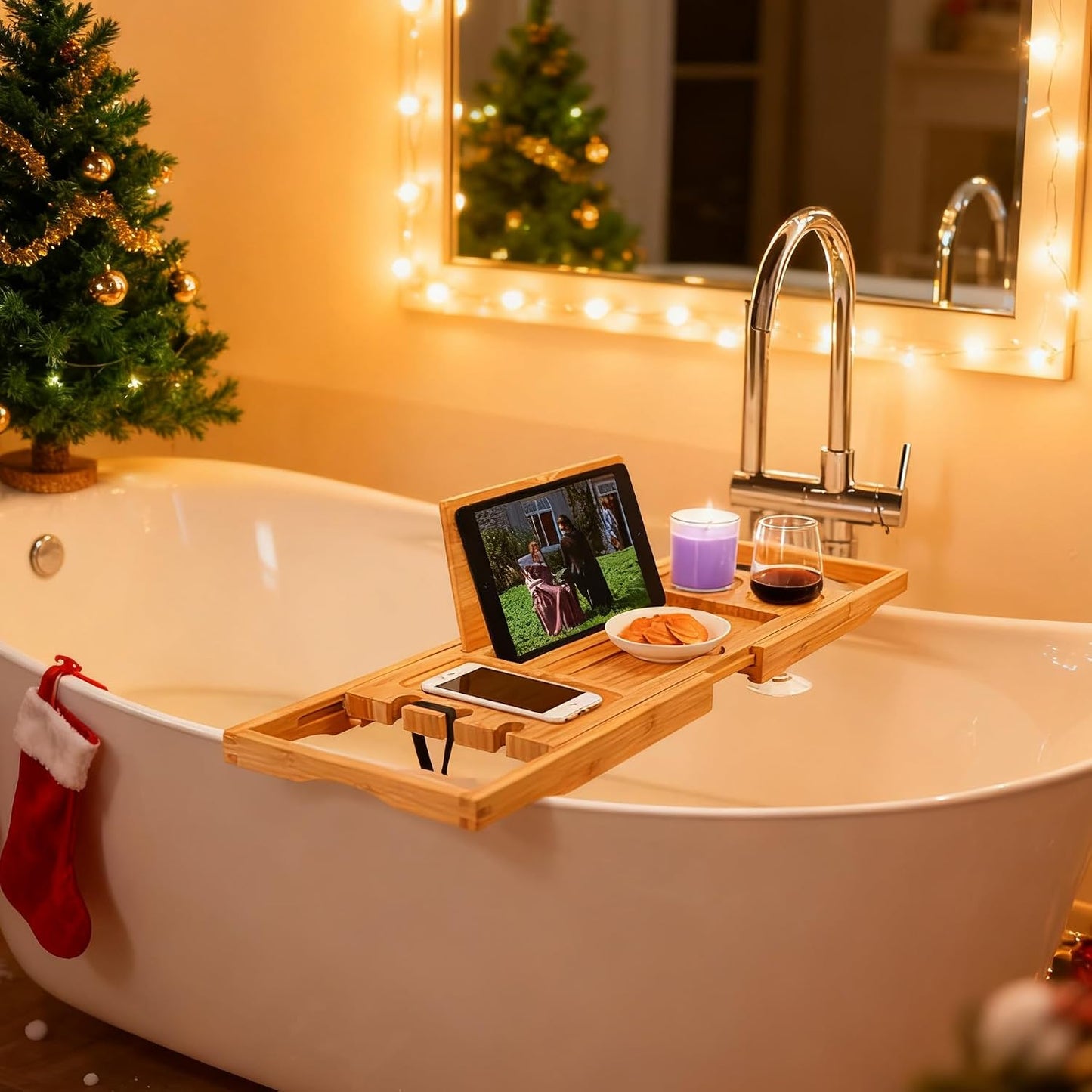 Utoplike Bamboo Bathtub Caddy Tray Bath Tray for Tub, Adjustable Bathroom Bathtub Organizer with Book Tablet Wine Glass Cup Towel Holder (24.5"-37.4")
