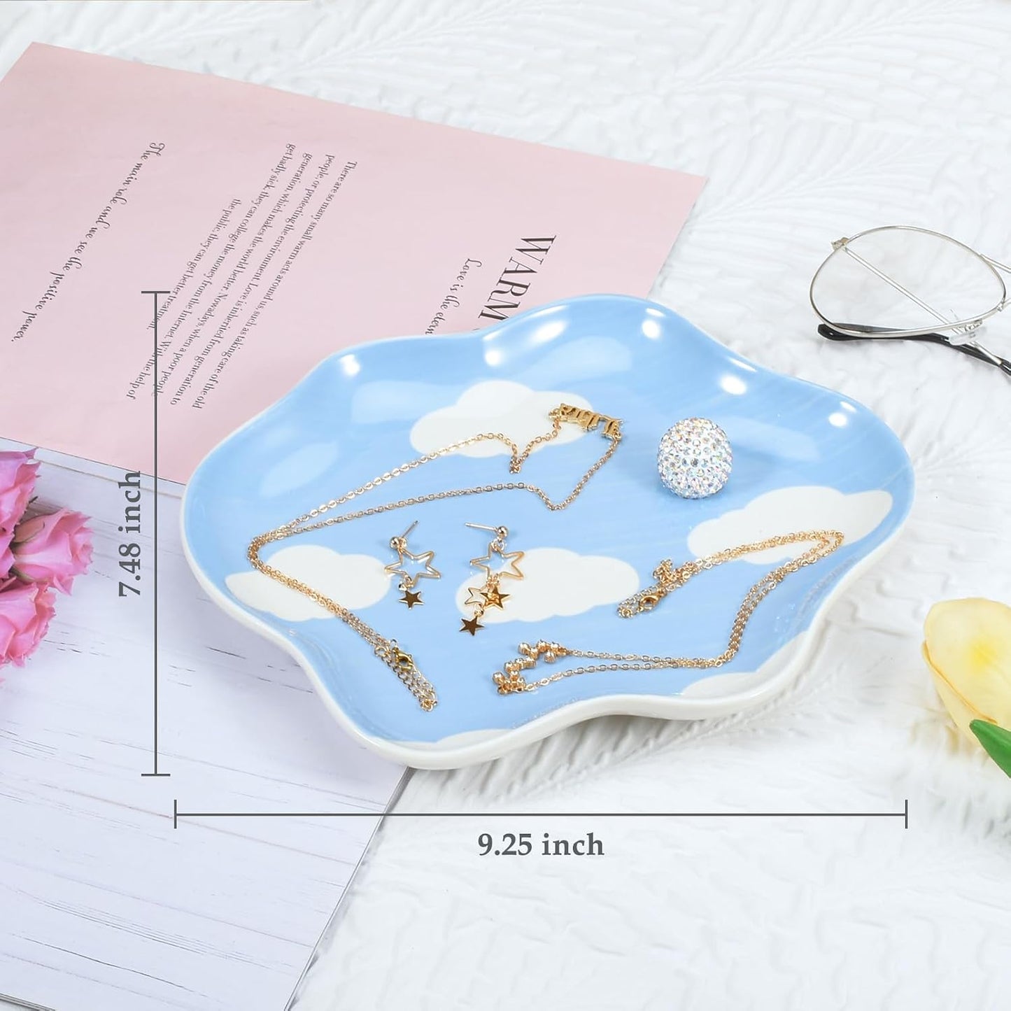 Koythin Jewelry Tray, Ceramic Jewelry Dish Trinket Tray Organizer, Clouds Aesthetic Decorative for Kitchen, Bathroom (Blue Sky and White Clouds)