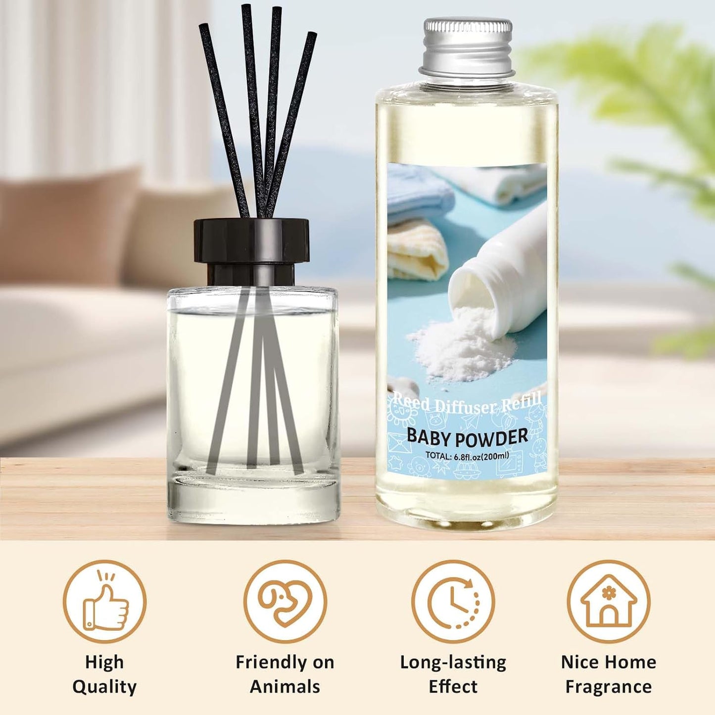 STRN Reed Diffuser Refill, Baby Powder Scented Reed Diffuser Set, 200ml with Sticks, Long-Lasting Aromatherapy, Summer Fragrance for Bedroom, Spa, Bathroom, Office