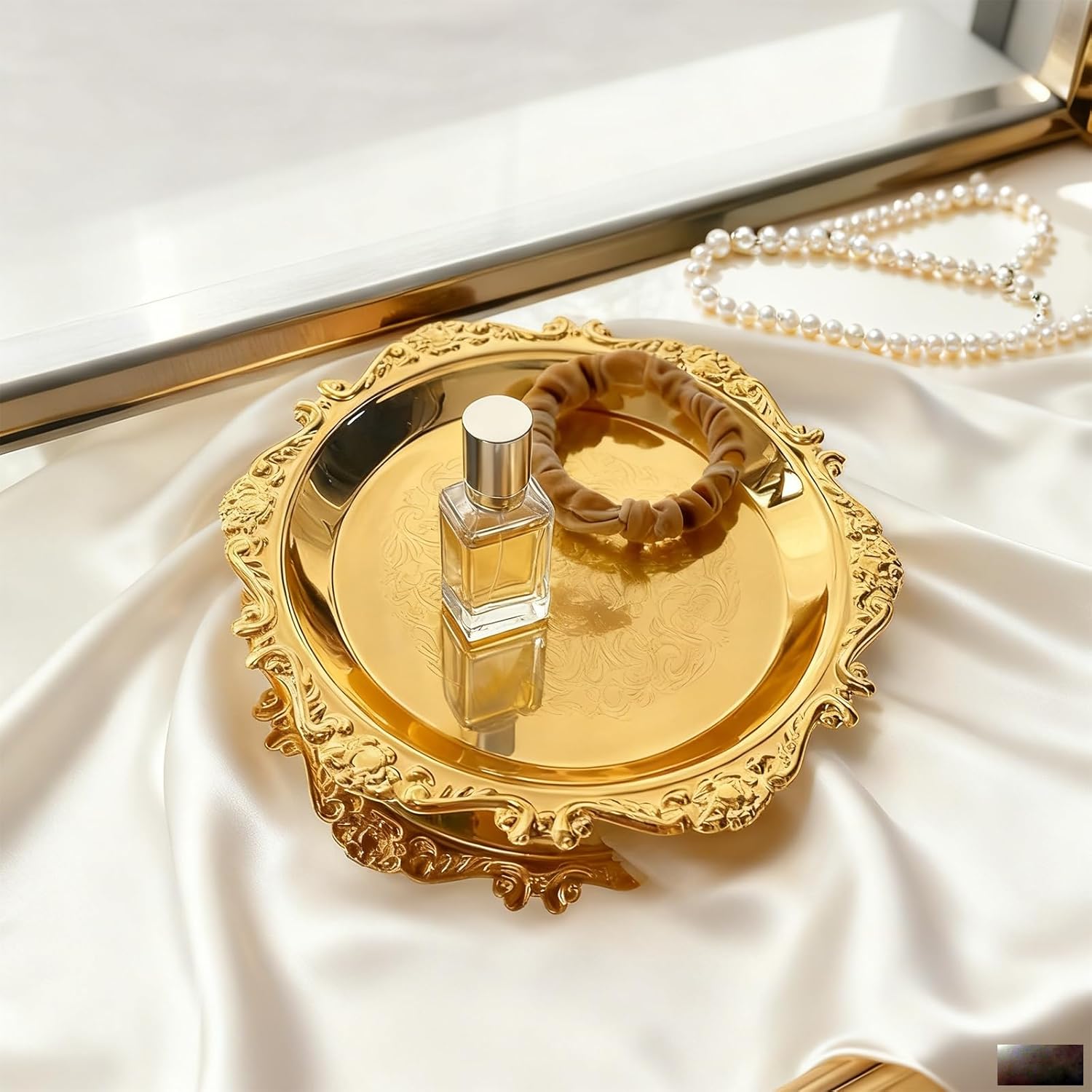Pillar Candle Holder Set of 2 Jewelry Dish Ring Holder Candle Stand Decorative Metal Plate Vanity Tray for Weding Home Decor (Gold)