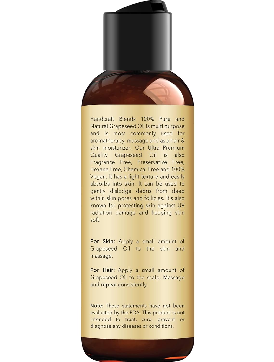 Handcraft Blends Grapeseed Oil - Cold-Pressed 4 Fl Oz - 100% Pure and Natural - Premium Grade Carrier Oil for Skin and Hair - Hair and Body - Massage - Hexane-Free
