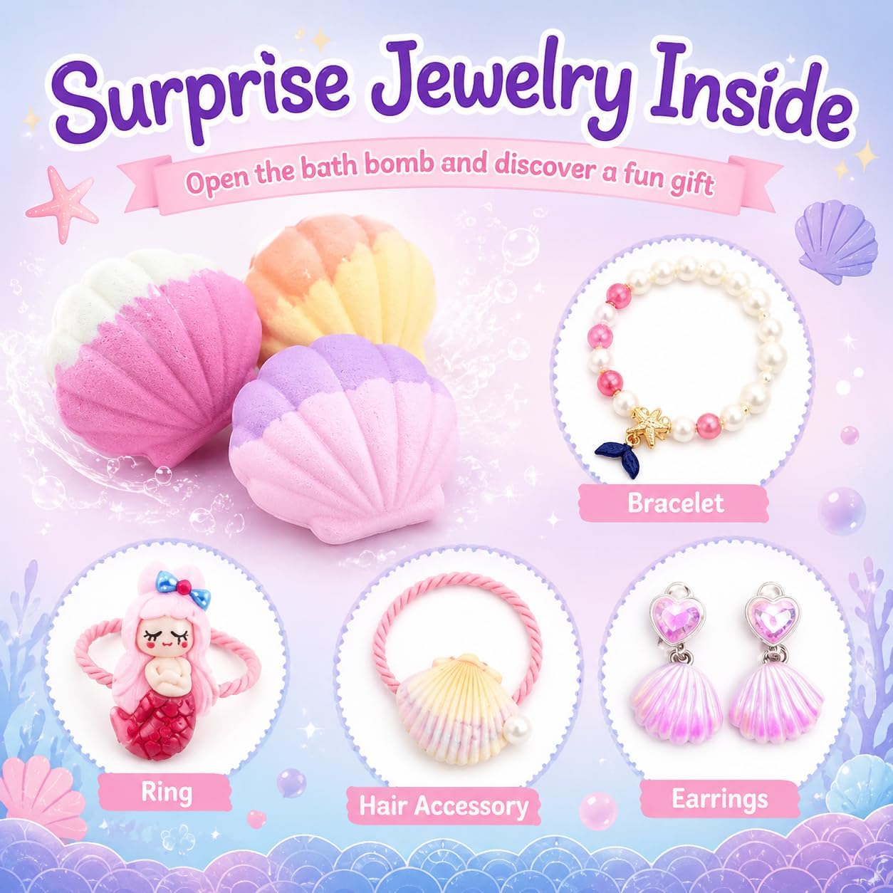 Shell Bath Bombs for Kids Girls with Surprise Inside, 6 PCS Bath Bombs Gift Set with Toys, Colorful Fizzy Bath Bomb for Girls Ages 3+, Kids Bath Bombs for Toddler Girl Christmas Birthday Gifts