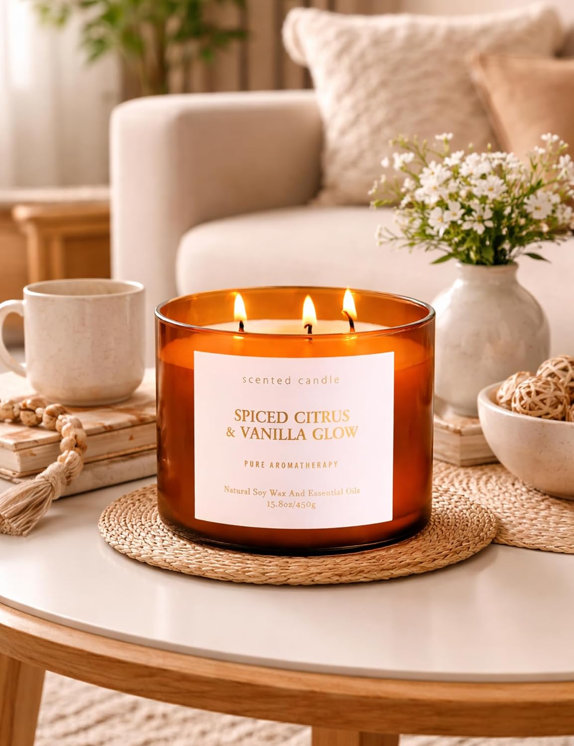 Spiced Citrus & Vanilla Glow Scented Candle | 3-Wick Large Soy Candle 15.8 oz | Highly Scented Cinnamon Aromatherapy Candle for Women & Men | Warm Cozy Home Scent | Clean Burn Long Lasting
