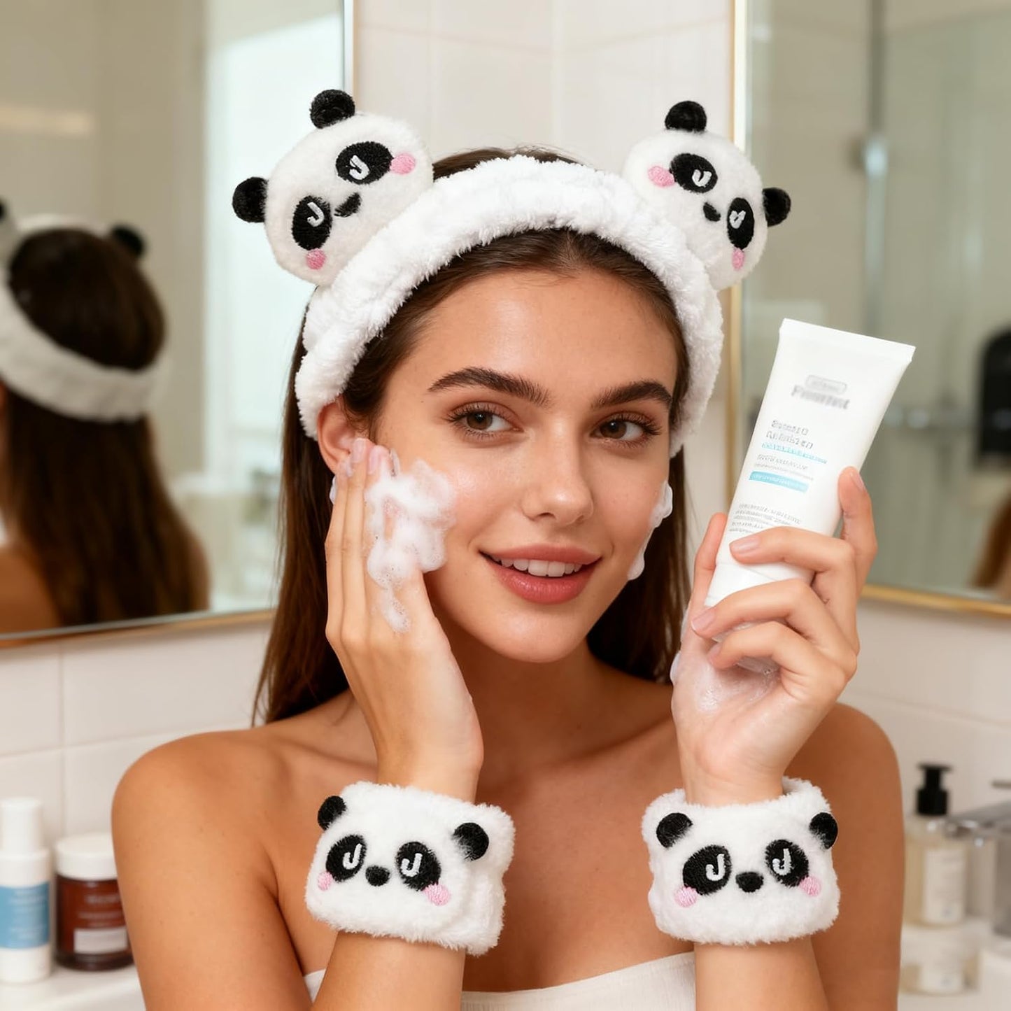 6PCS Cute Cat Ears Spa Headband for Washing Face Makeup Skincare Headband with Wrist Bands, Sleepover Party Supplies for Women/Teen Girl Trendy Stuff Present (6PCS Panda, standard size)