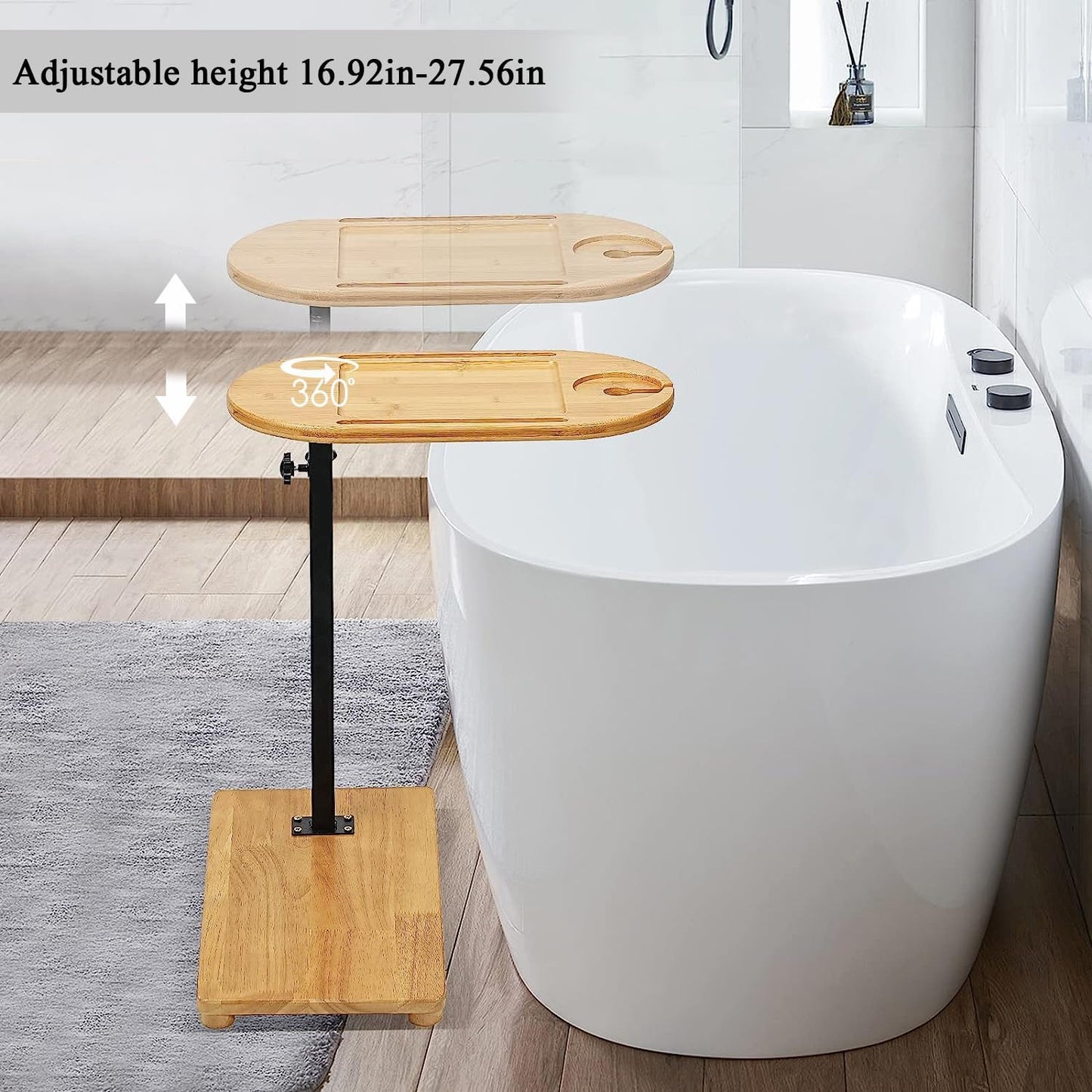 Bamboo Bathtub Tray Table with Adjustable Height, Enhanced Stability, Freestanding Design for Spa,Bathtub, Bed, Sofa, Couch with Wine Glass Holder, Perfect for Luxury Bath Home Spa Gift