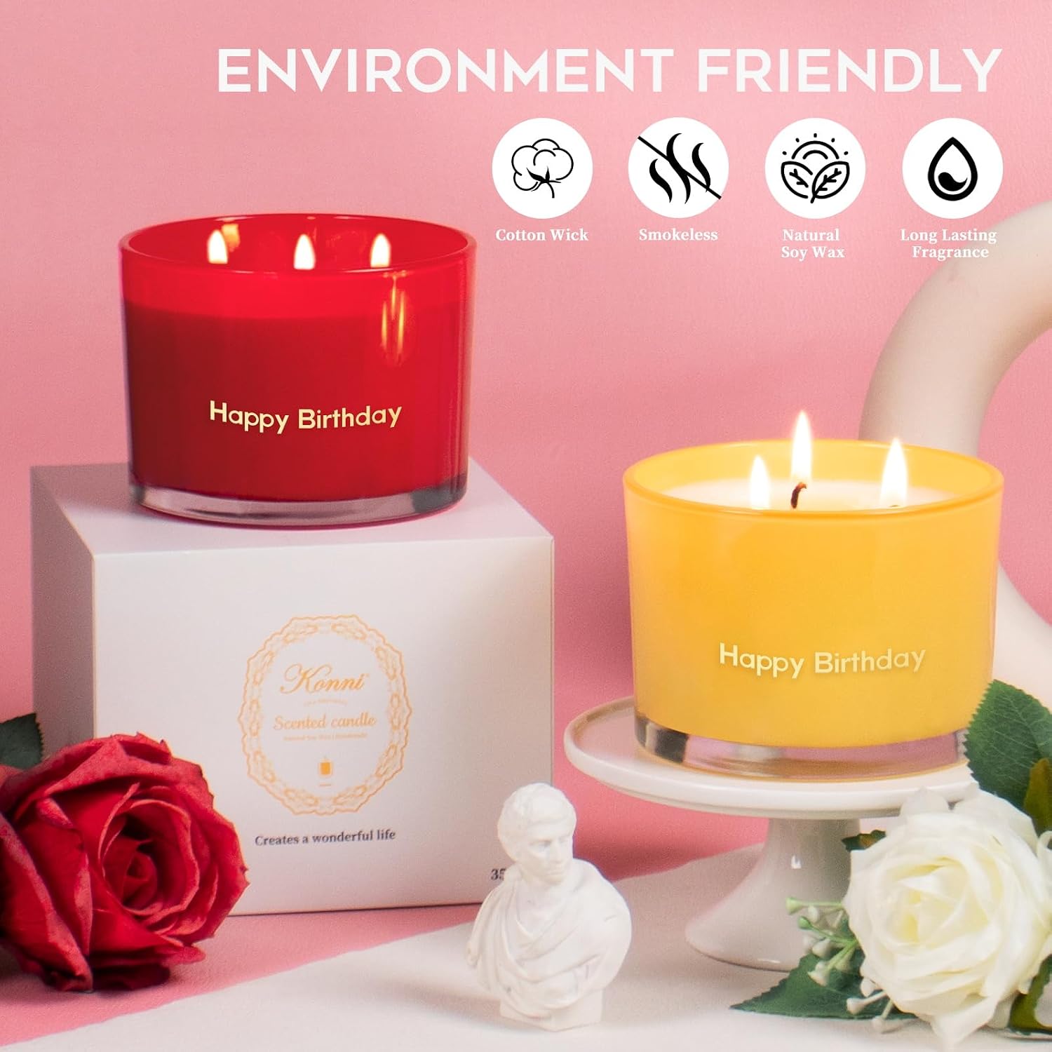 KONNI 3 Wick Vanilla Scented Candles, Home Soy Candles, 12.35oz Luxury Relaxing Aromatherapy Candle for Women Men, 50 Hours Long Lasting Clean Burning Jar Candle, Romantic Birthday Gift for Lover