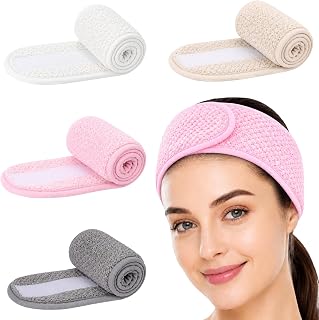 4PCS Extra Long Spa Headband for Women Adjustable Terry Cloth Skincare Headband Stretch Towel Head Wrap for Bath, Makeup Facial Mask（White+Grey+Khaki+Pink）