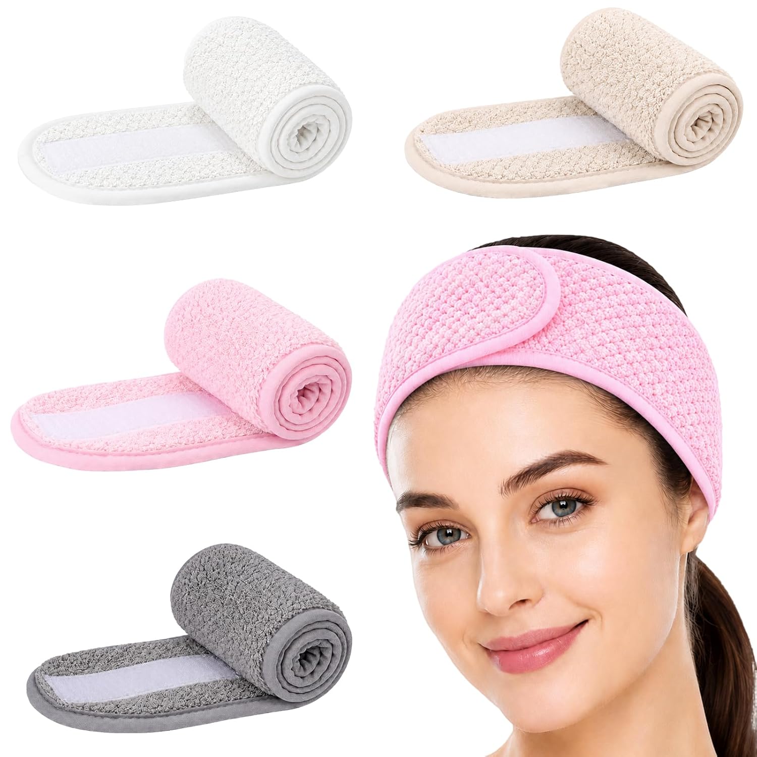 4PCS Extra Long Spa Headband for Women Adjustable Terry Cloth Skincare Headband Stretch Towel Head Wrap for Bath, Makeup Facial Mask（White+Grey+Khaki+Pink）
