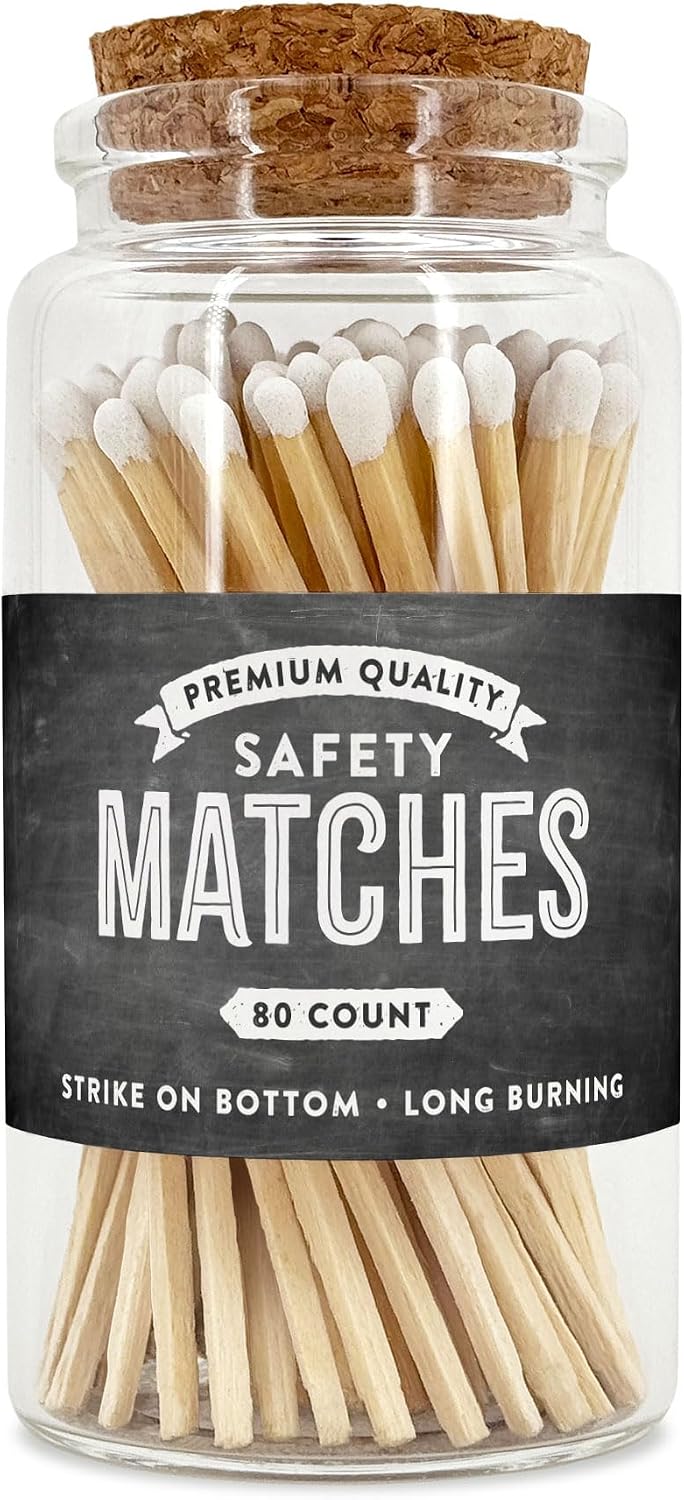 Chalkboard Wooden Matches in a Jar with Striker | Decorative Matches for Candles | Long Matches for Candles in Apothecary Glass Jar | Approx. 80 Safety Matches for Home Decor & Bathroom
