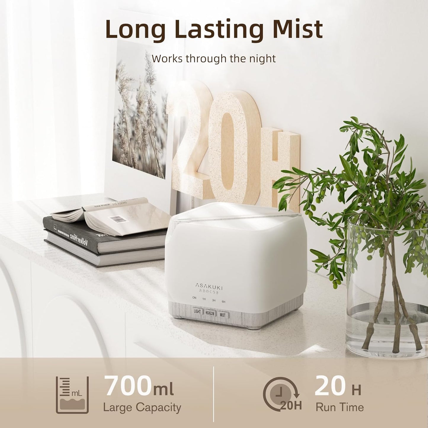 ASAKUKI Essential Oil Diffuser for Home, Large 700 ml Humidifier with Automatic Shut-Off, Quiet Aromatherapy Diffuser with 7 LED Lights for Living Room, Kitchen, Bedroom, Hotel - White