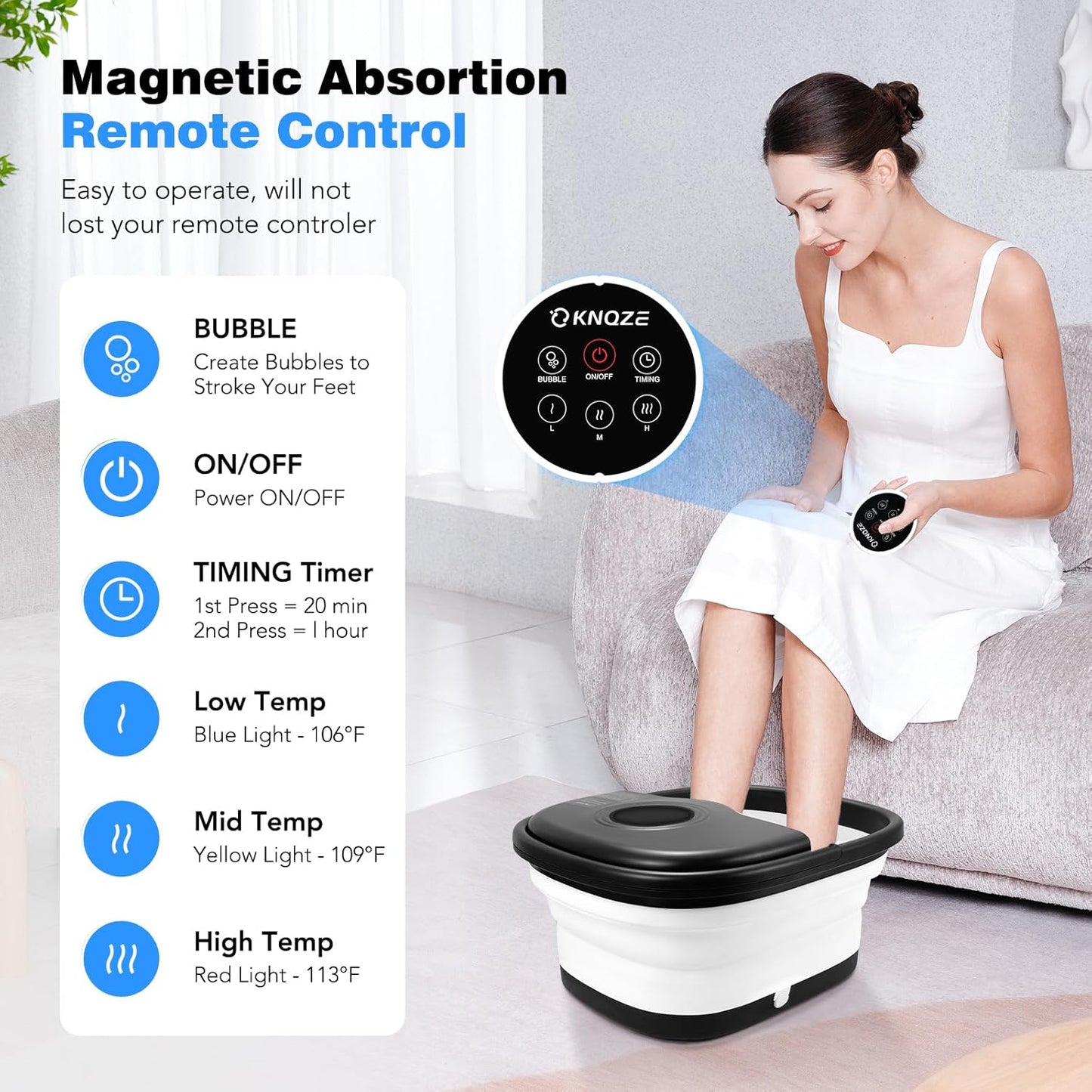 KNQZE Collapsible Foot Spa Bath with Heat & Remote Control, Bubble Massage, Temperature Control, Red Light, Timer, 16 Rollers & Pumice Stone for a Soothing Spa Experience