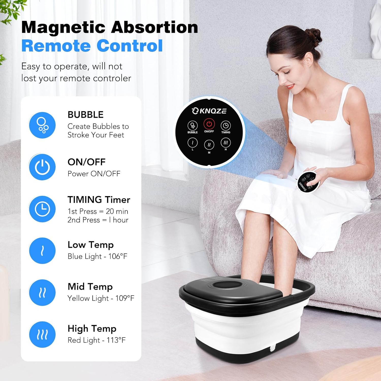 KNQZE Collapsible Foot Spa Bath with Heat & Remote Control, Bubble Massage, Temperature Control, Red Light, Timer, 16 Rollers & Pumice Stone for a Soothing Spa Experience