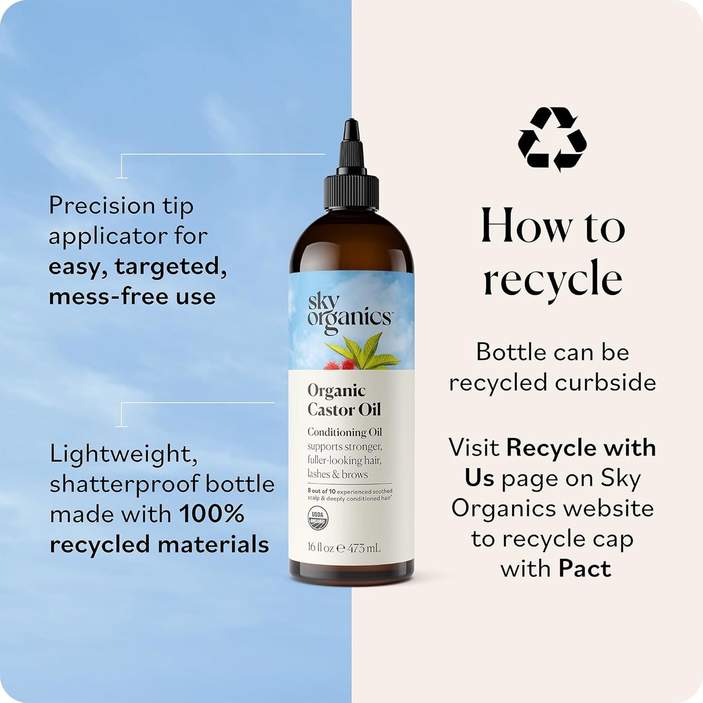 Sky Organics - Castor Oil Organic - Volumizing Hair Oil - Scalp, Lashes, Brows - Pure Castor Oil Cold Pressed - Natural Conditioner - Omega Fatty Acids, Vegan - Beauty, Hair Care, & Self Care - 16oz