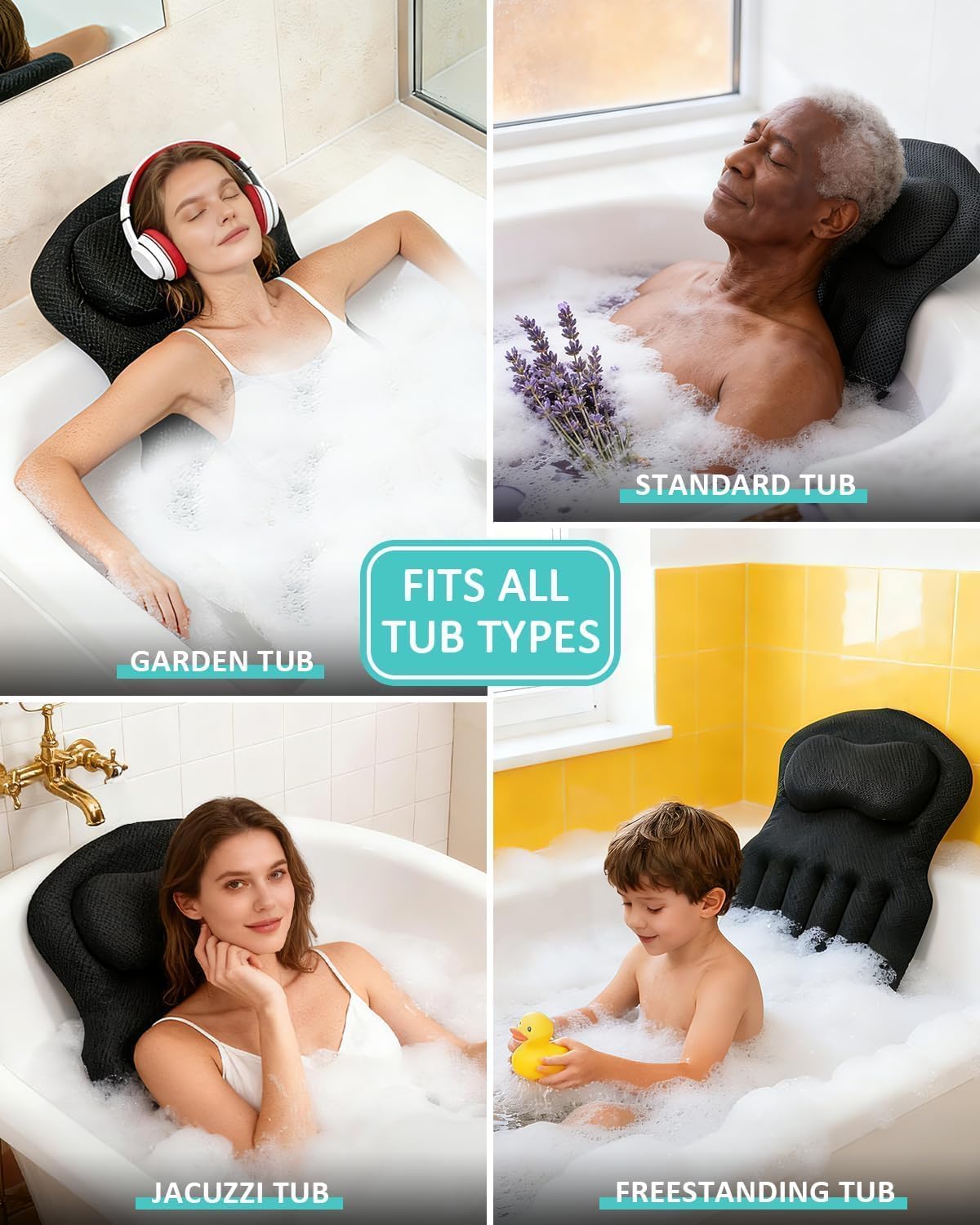 Full Body Bath Pillow for Bathtub, 5D Thick Tub Pillow for Bathtub with Movable Head, Neck & Lumbar Support, Laundry Bag & Hook, Bathtub Pillow for Post-Yoga Spa, Deep Relaxation(Black, 51"*15")