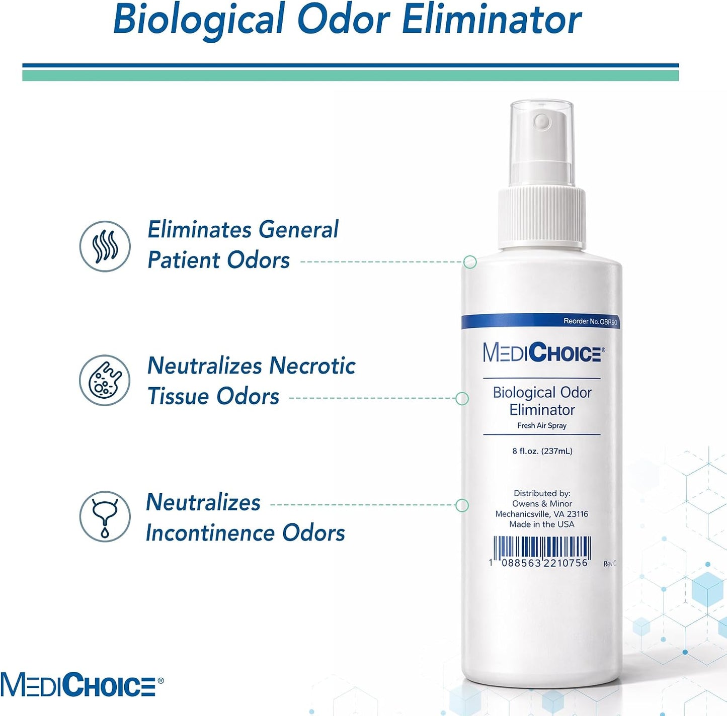 MediChoice Biological Odor Eliminator Spray, 8 Oz Fresh Scent Pump Bottle - Dye Free, Quick Drying, Ideal for Fabric, Skin, Hair - Odor Neutralizer for Home, Hospital, Health Care Clinic