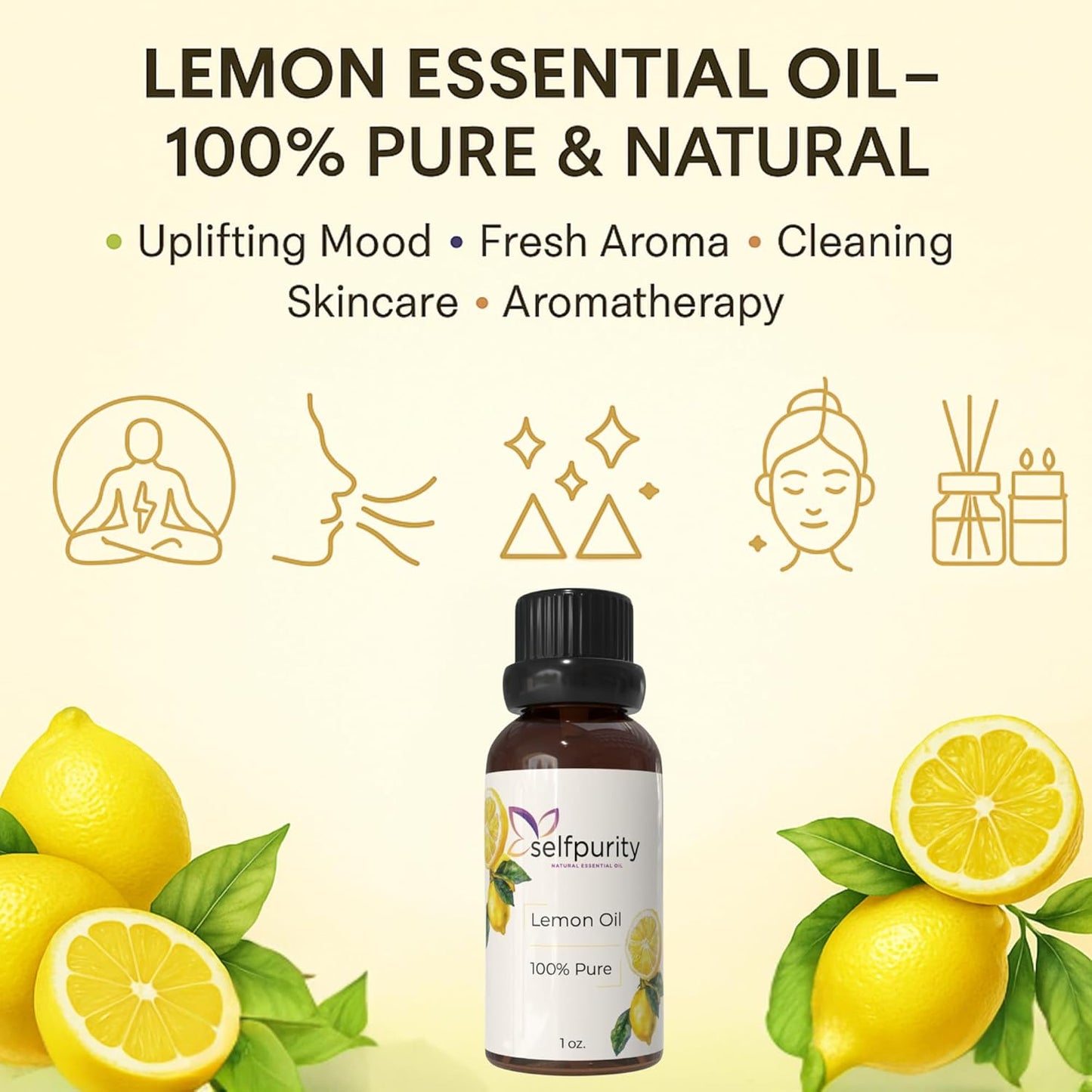 Lemon Essential Oil 1 Fl Oz – 100% Pure Natural Citrus Oil for Aromatherapy Diffuser, Skin Care, Hair Care & Massage – Premium Therapeutic Grade