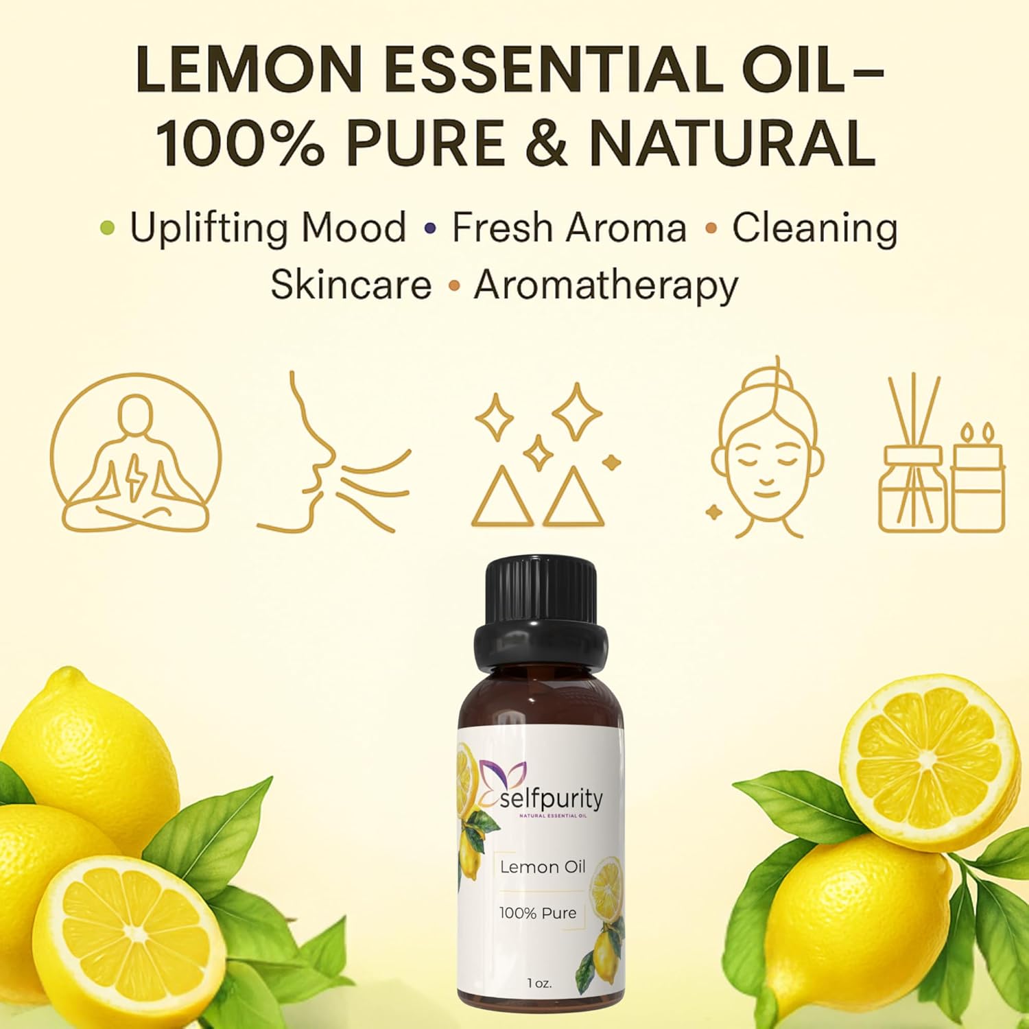 Lemon Essential Oil 1 Fl Oz – 100% Pure Natural Citrus Oil for Aromatherapy Diffuser, Skin Care, Hair Care & Massage – Premium Therapeutic Grade