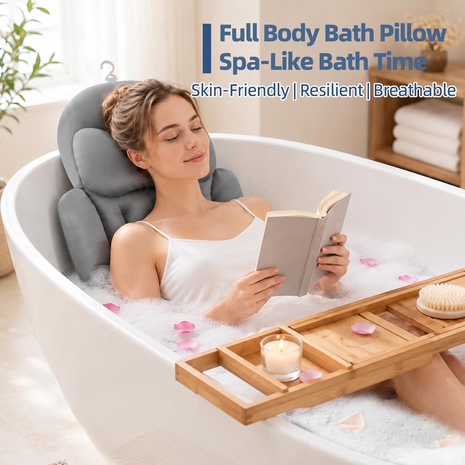 Full Body Bath Pillow for Tub, Ergonomic Head Neck Back Support, 192 Non-Slip Suction Cups, Thick Cushion with Laundry Bag, Fits Most Bathtubs, 56"x16" Grey