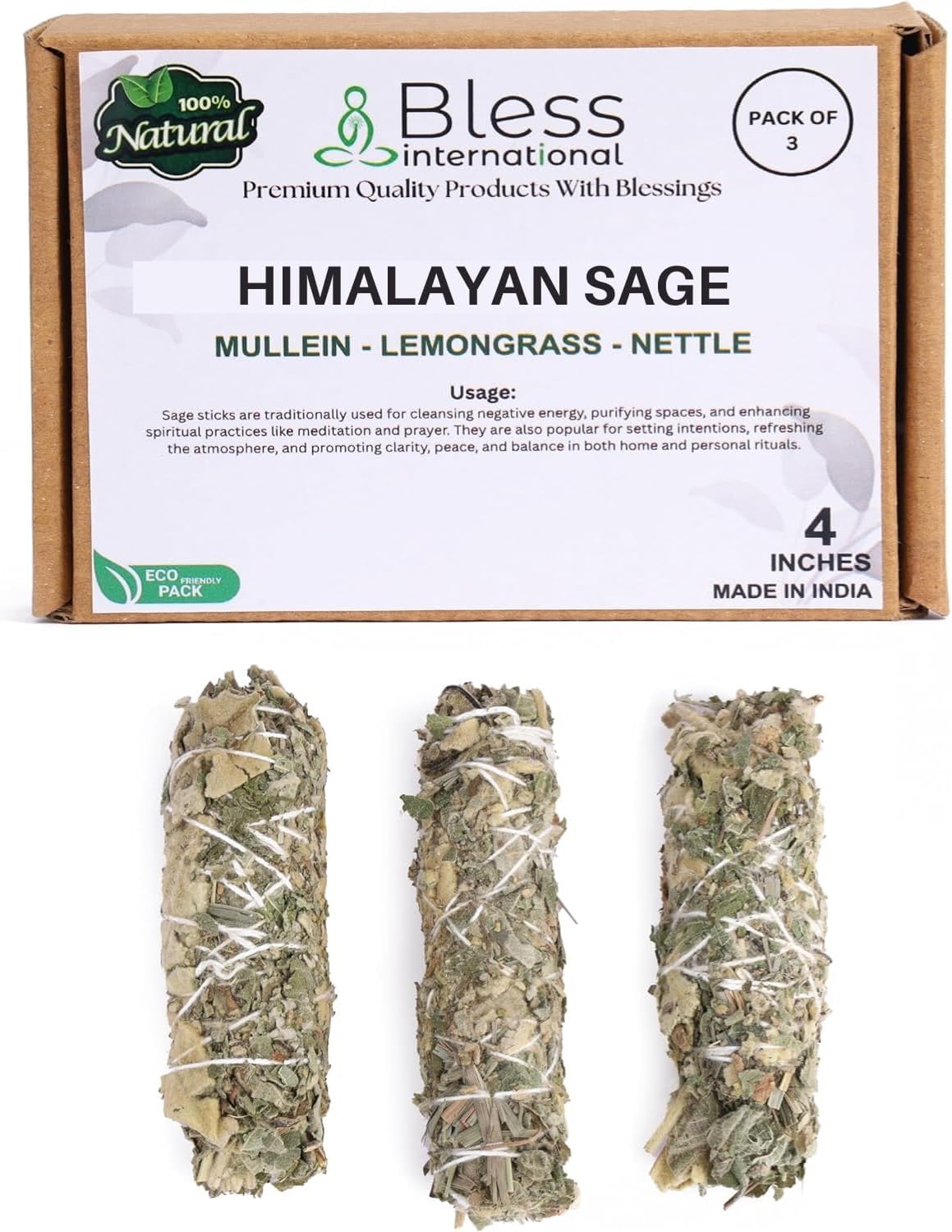 Bless-International Himalayan-Sage-Mullein-Nettle-Lemongrass-Incense Premium-100%-Natural-and-Organic Handcrafted-4-Inches-Long Used-for-Home-Cleansing-Meditation-Smudging-Rituals