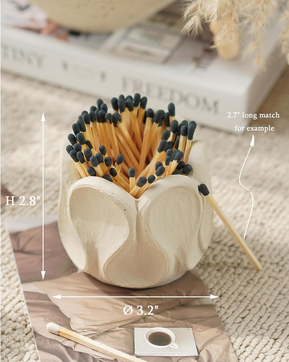Concrete Matches Holder with Striker Large-Beautiful Flower Match in Jar-for Cute/Fancy/Long Candle Match,Refresh Any Modern Home Decor with Premium Jar-No Matches