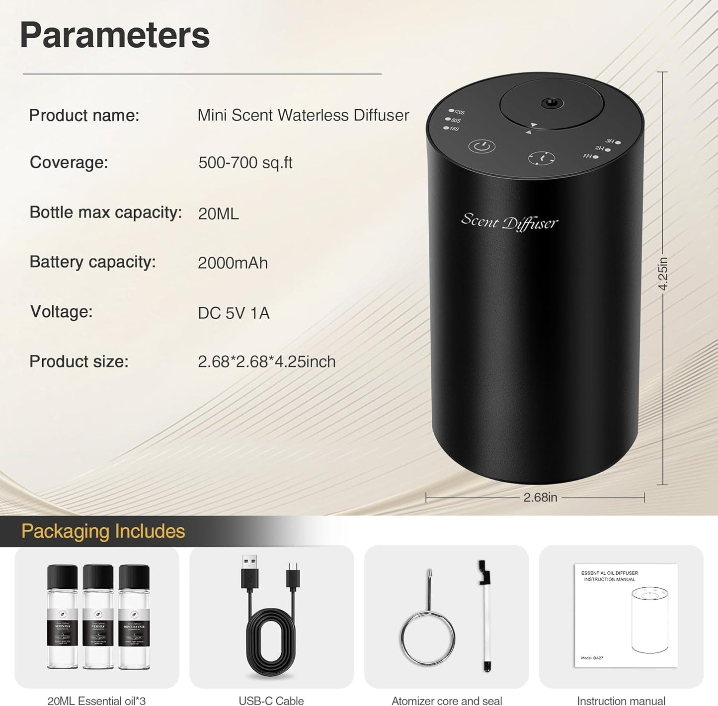 Waterless Essential Oil Diffuser Starter Kit - No Water Needed, Battery Operated Mini Scent Air Machine, Included 3x20ML Essential Oils, Portable Aromatherapy Diffuser for Home & Car & Office, Black