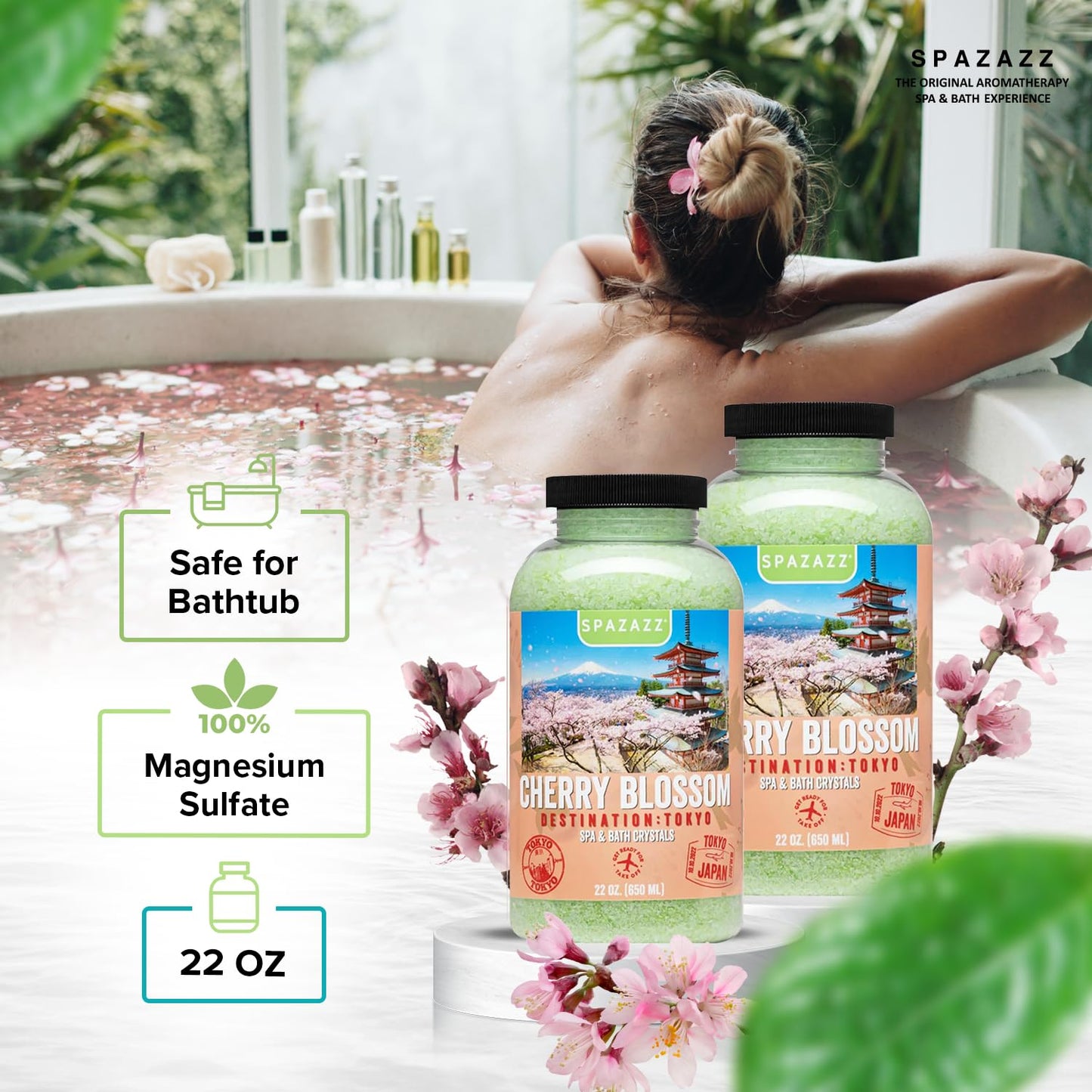 Hot Tub Aromatherapy Spa & Bath Salt Crystals - Cherry Blossom - Tokyo Destinations Collection - Scents for Relaxing in Spas and Bath Tubs - Skin Softening Magnesium Mineral Soak by Spazazz - 22 oz