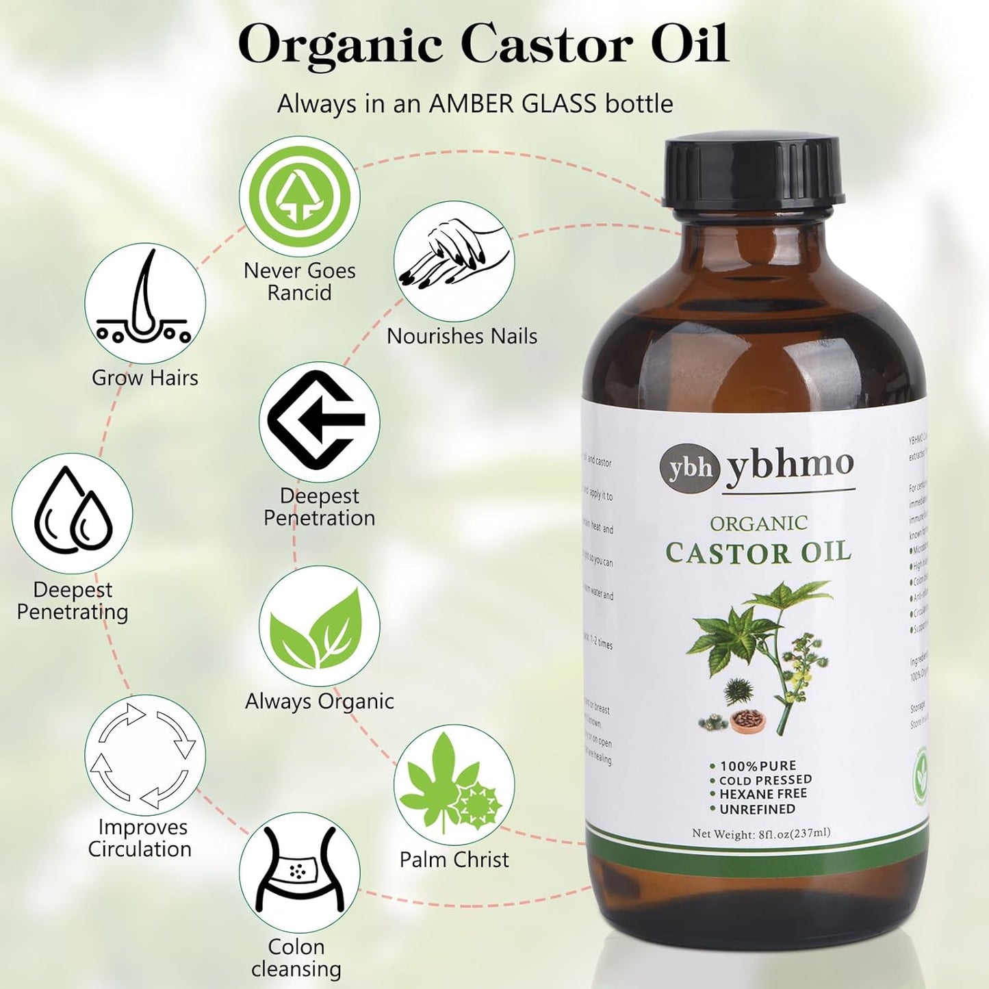 Organic Castor Oil Cold Pressed Glass Bottle((8fl.oz/237ml), Castor Oil Pack Wrap Organic Cotton Reusable for Neck, Chest & Abdomen