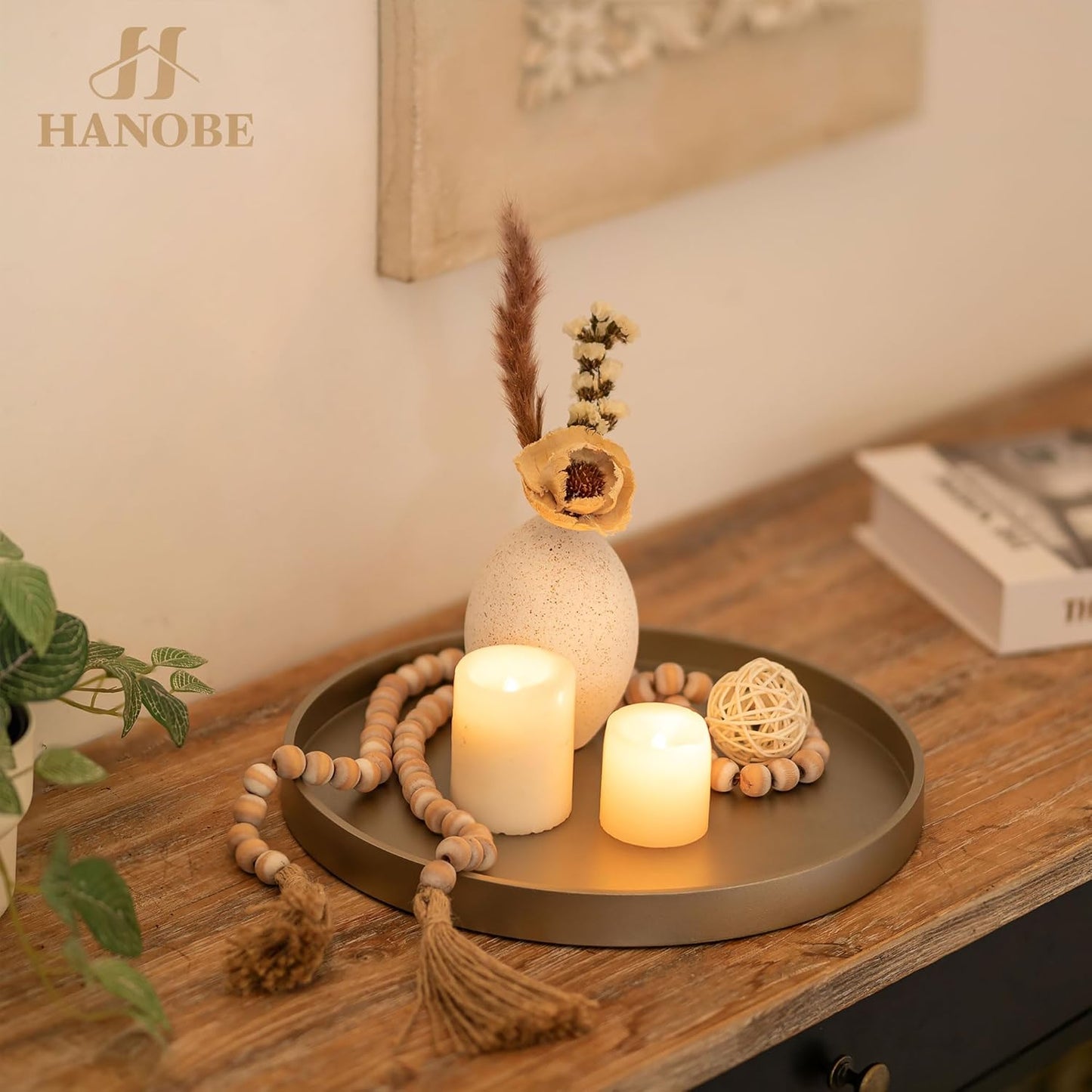 Hanobe Candle Plate Holder Tray: Champagne Gold Round Wood Candle Plate Decorative Centerpiece Small Tealight Pillar Trays for Living Room Dining Coffee Table Home Decor