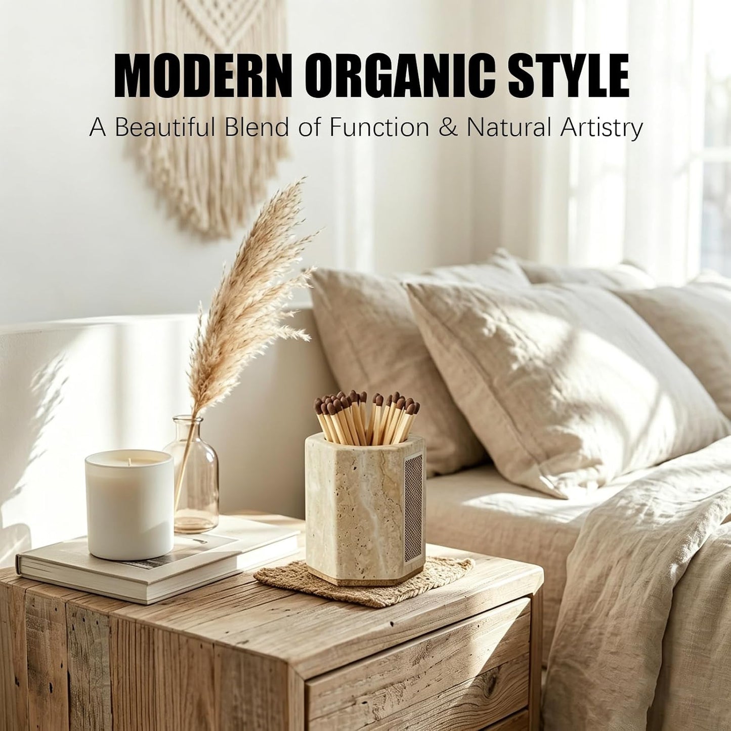 Hexagonal Travertine Match Holder with Striker, Luxury Natural Stone Matches Jar with Cork Base, Decorative Matchstick Holder for Candle & Fireplace - Unique Housewarming Gift, Matches Not Included