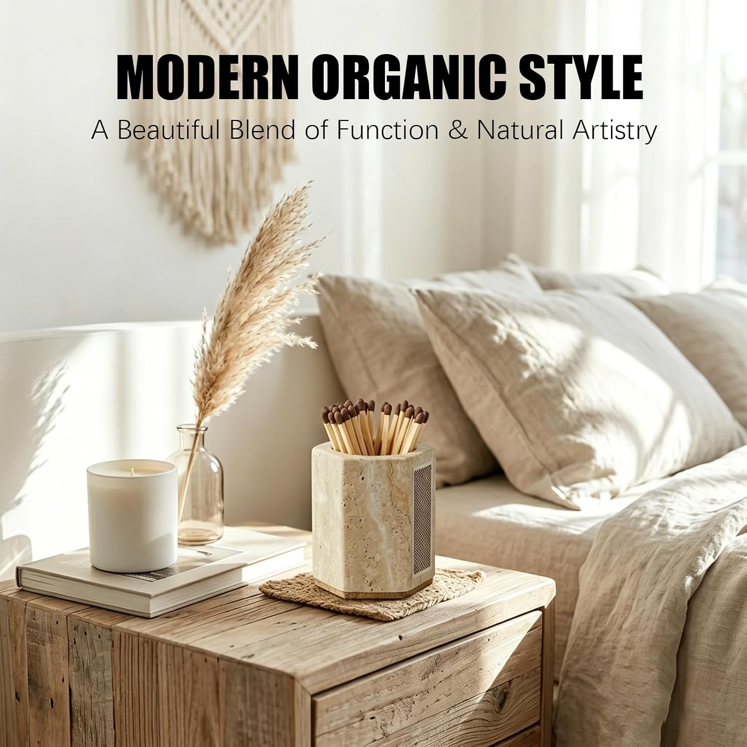 Hexagonal Travertine Match Holder with Striker, Luxury Natural Stone Matches Jar with Cork Base, Decorative Matchstick Holder for Candle & Fireplace - Unique Housewarming Gift, Matches Not Included