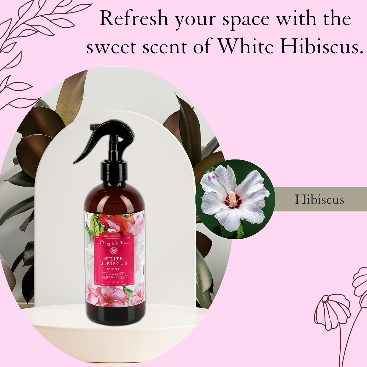 Abbey & Sullivan Linen Spray, White Hibiscus, Fabric Freshener and Fragrance Room Spray, Pack of 2, 16 oz