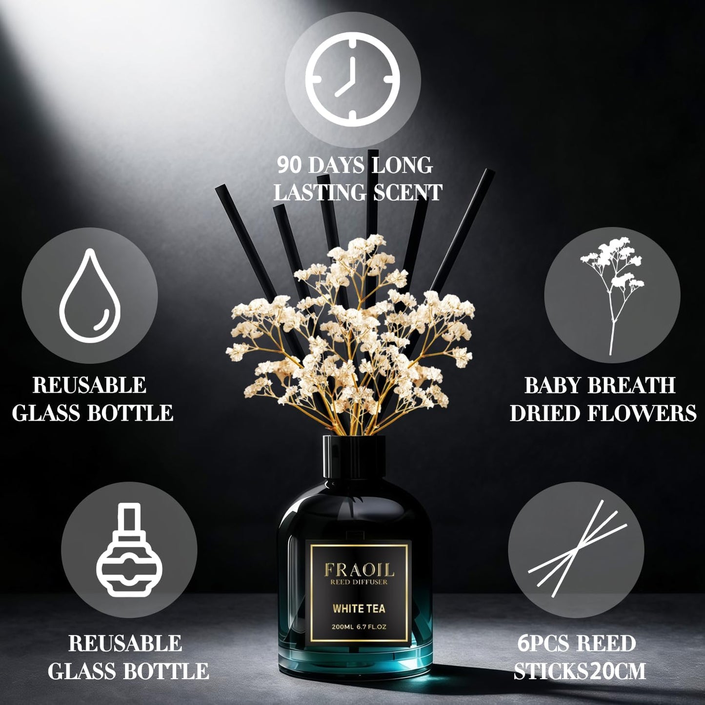 White Tea Reed Diffuser, Reed Diffuser Set 6.7 fl oz (200 ml) with 6 Reed Sticks, Home Fragrance Reed Diffuser for Bathroom Shelf House Bedroom Office Decor