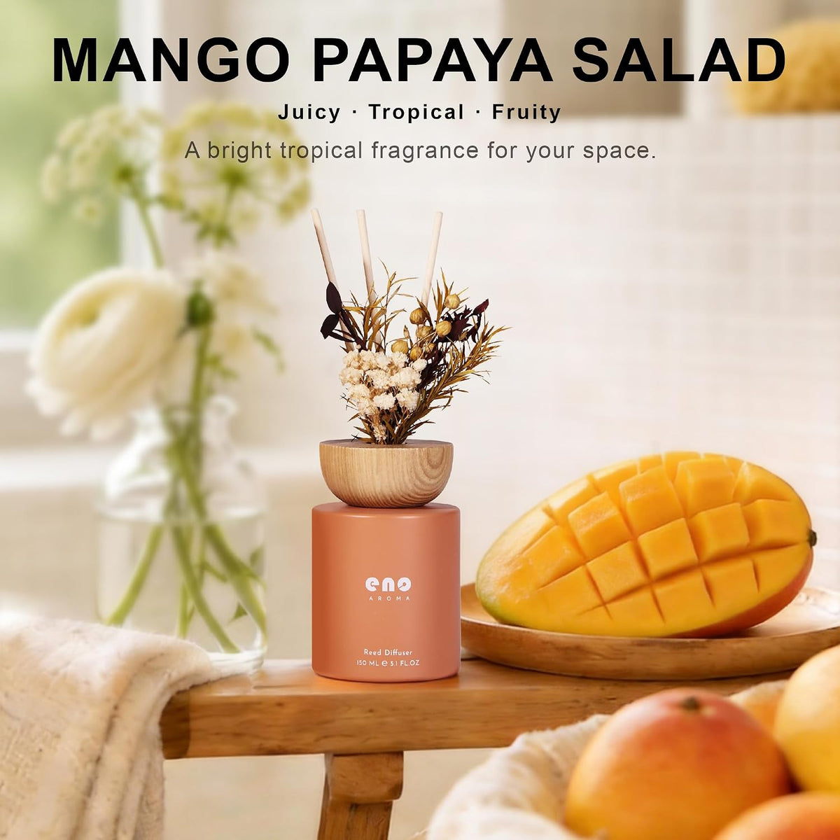 Reed Diffuser Set with Dried Flowers, 5.1 fl oz / 150ml, Mango Papaya Salad - Home Fragrance Diffuser with Sticks for Bathroom Shelf Decor, Bedroom, Office &amp; Gift