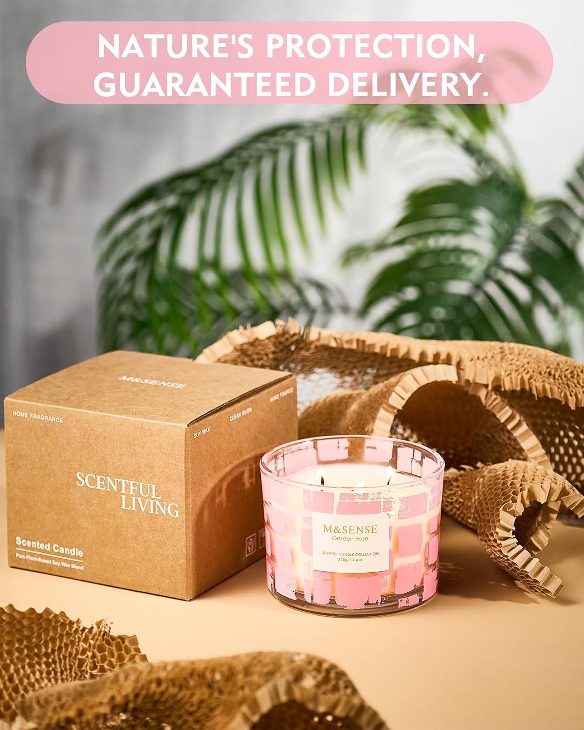 M&SENSE Garden Rose Scented,11.6oz Natural Soy Wax Non Toxic for Home, 3 Wick Jar Candle, Up to 60 Hours Burn time, Home Decor Housewarming Gift for Women and Men