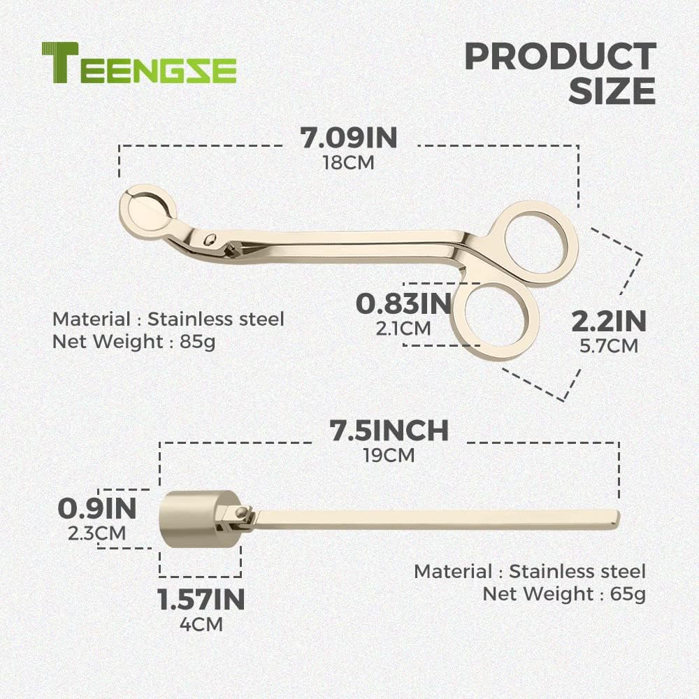 Gold Candle Snuffer and Wick Trimmer, Stainless Steel Polished Candle Accessory Set with Long Handle Candle Extinguisher for Candle Lover and Family That Likes to Use Candles