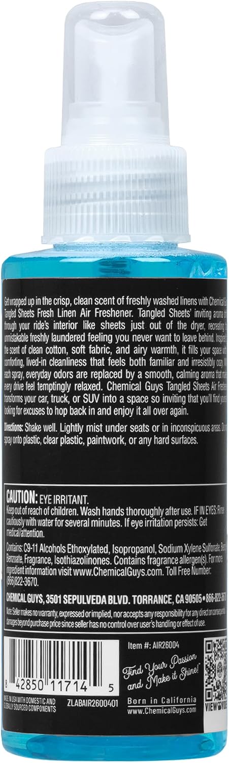 Chemical Guys Tangled Sheets Fresh Linen Scent Air Freshener Spray and Odor Eliminator, Clean Fabric Inspired Spray for Home, Office, Bathroom, Dorm, and Car Interior - 4 Fl Oz