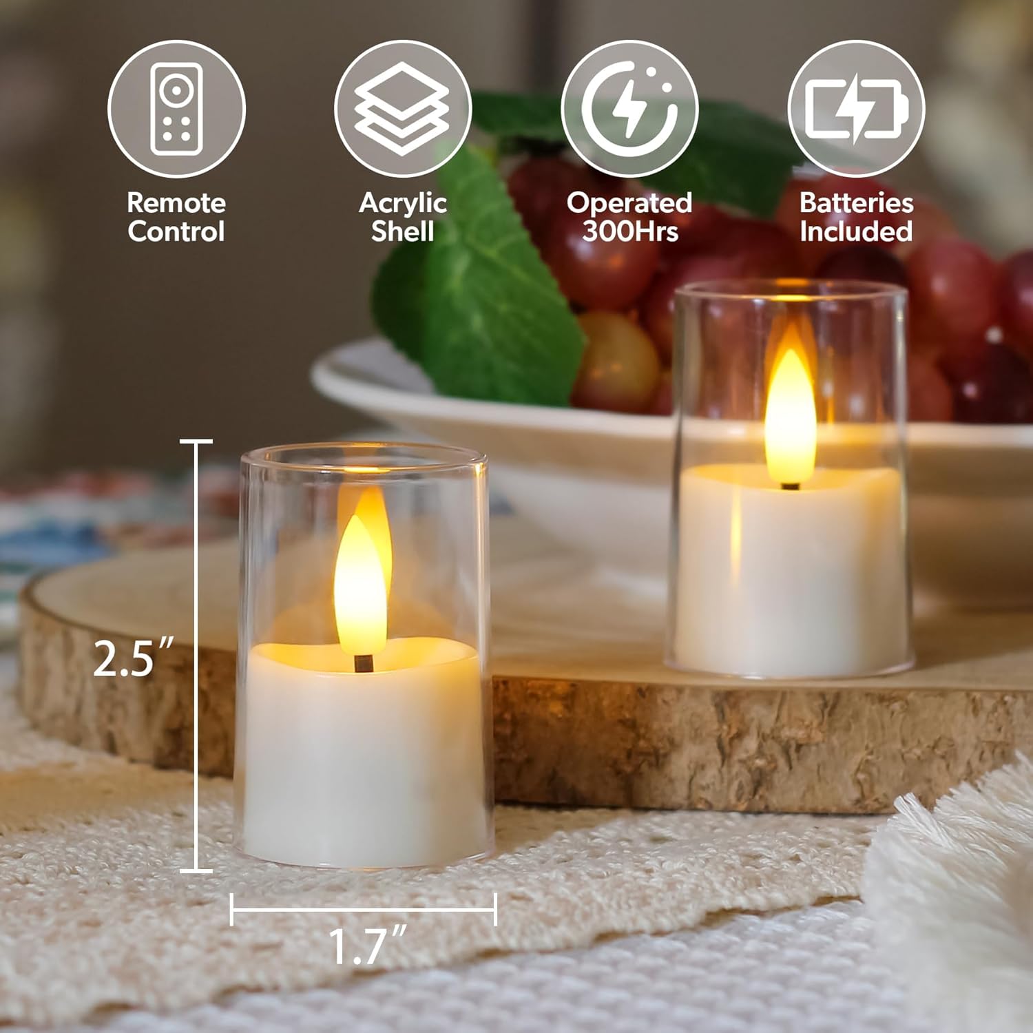 Flameless Small Tea Light LED Candles, Acrylic Battery Operated Votive 1.7" x2.5" with Remote Control and Timer, Tealight White Flickering Warm Light Pack of 8 Electric Long Lasting