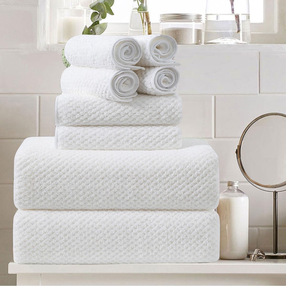 8 Piece Large White Family Bath Towel Set-2 Oversized Bath Towel Sheets,2 Hand Towels,4 Washcloths-600GSM Soft Highly Absorbent Quick Dry Beach Chair Towels Woven Towels for Bathroom Hotel and Spa