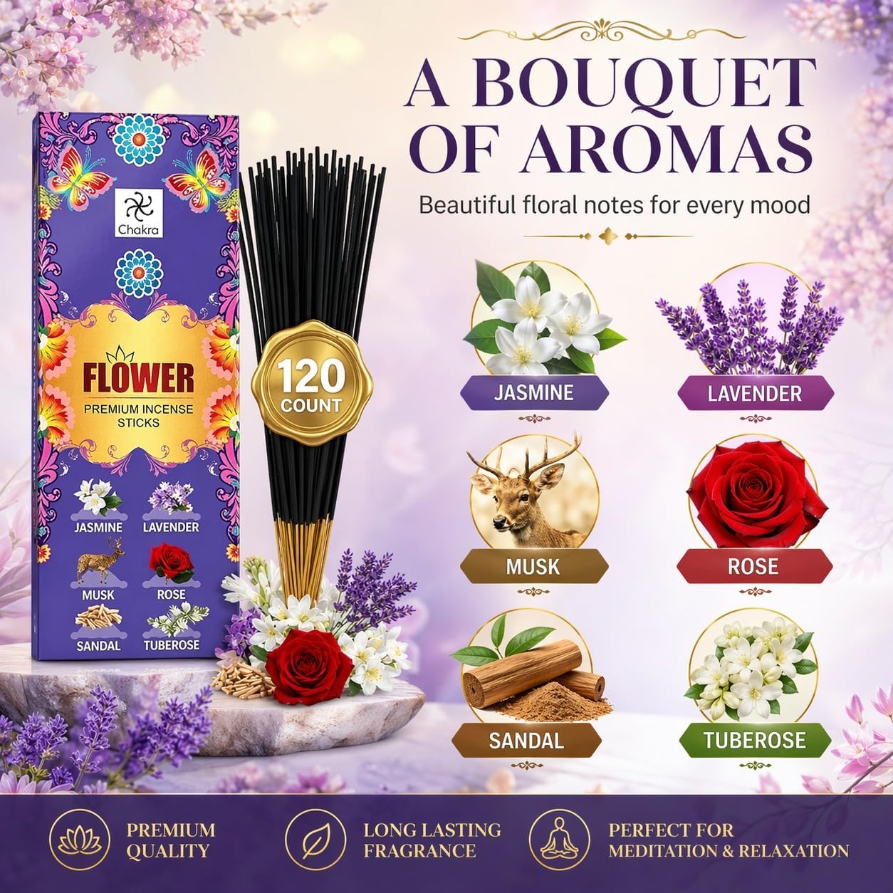 6-Scent Incense Sticks Variety Pack – 120 Count | Jasmine, Lavender, Musk, Rose, Sandalwood & Tuberose | Long-Lasting Aroma for Meditation & Home Use | chakra