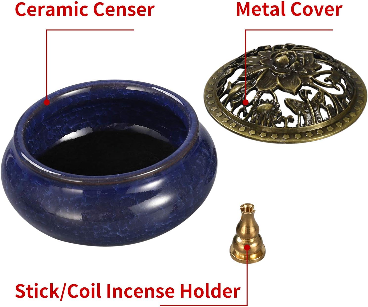 Miupoo Incense Burner and Cone Incense Holder with Brass Incense Stick Holder Ceramic Ash Catcher (Dark Blue)