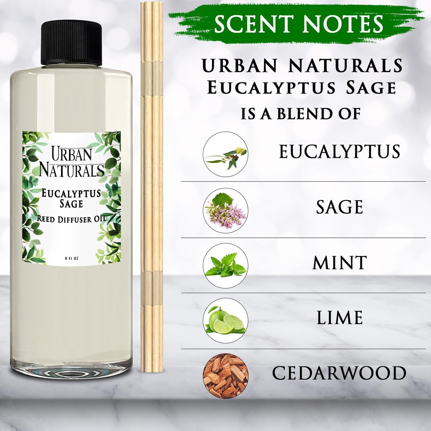 Urban Naturals Reed Diffuser Oil Refill Eucalyptus Sage with Mint, Lime, Cedarwood 8 oz + Free Reed Sticks, Made in the USA